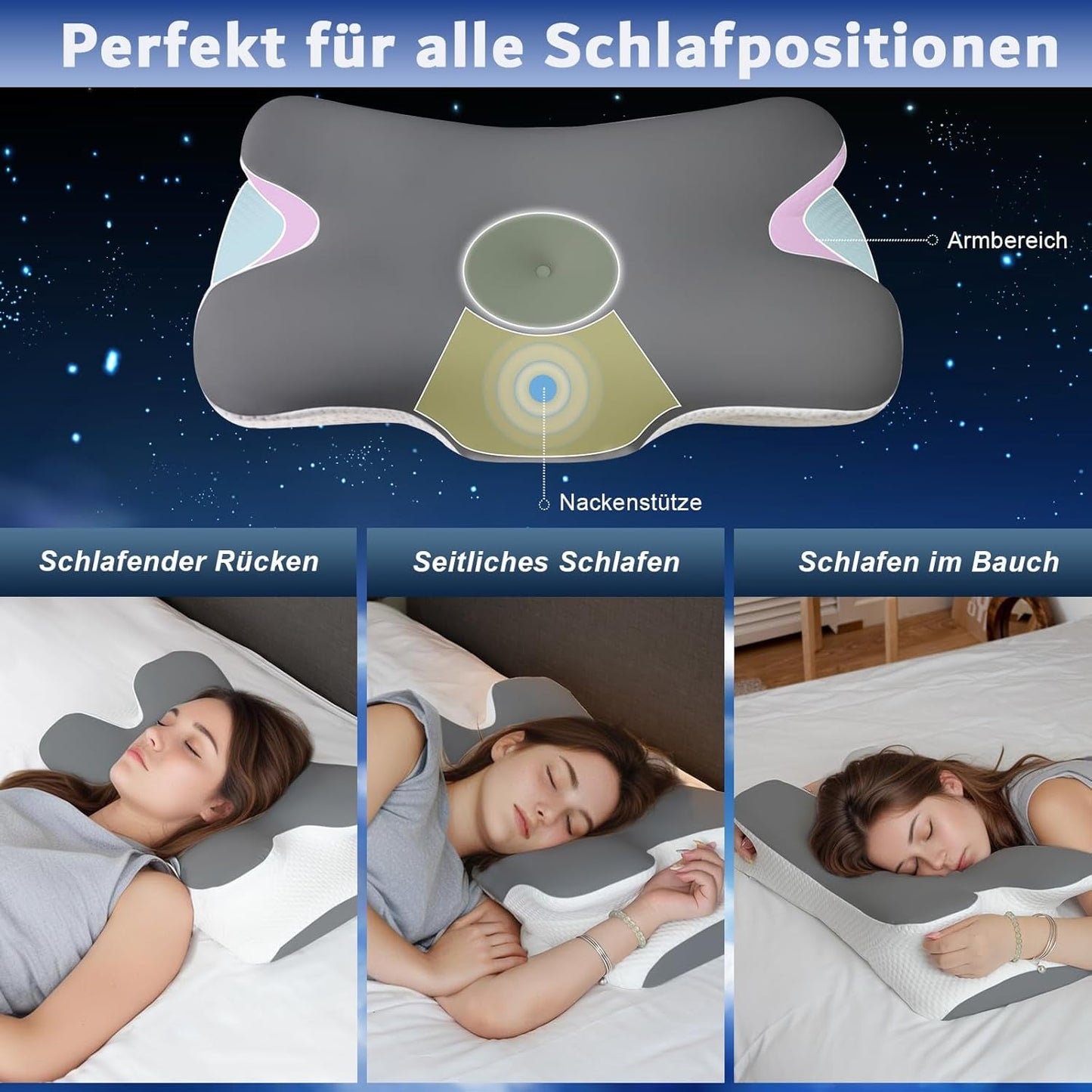 Oreiller orthopédique en mousse à mémoire de forme - Design ergonomique - Forme creuse pour dormeurs sur le côté, le dos et le ventre - Oreillers orthopédiques cervicaux gris Naty Shop