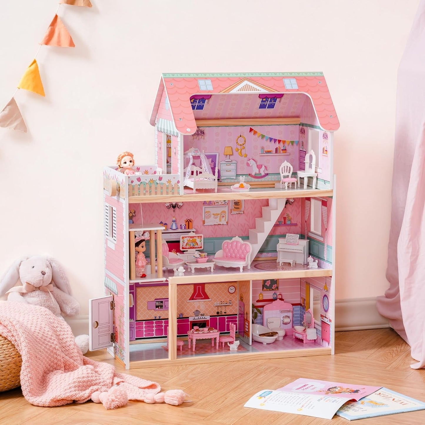 ROBUD Maison de poupée en bois pour enfants, jouet cadeau pour filles et garçons de 3, 4, 5, 6 ans