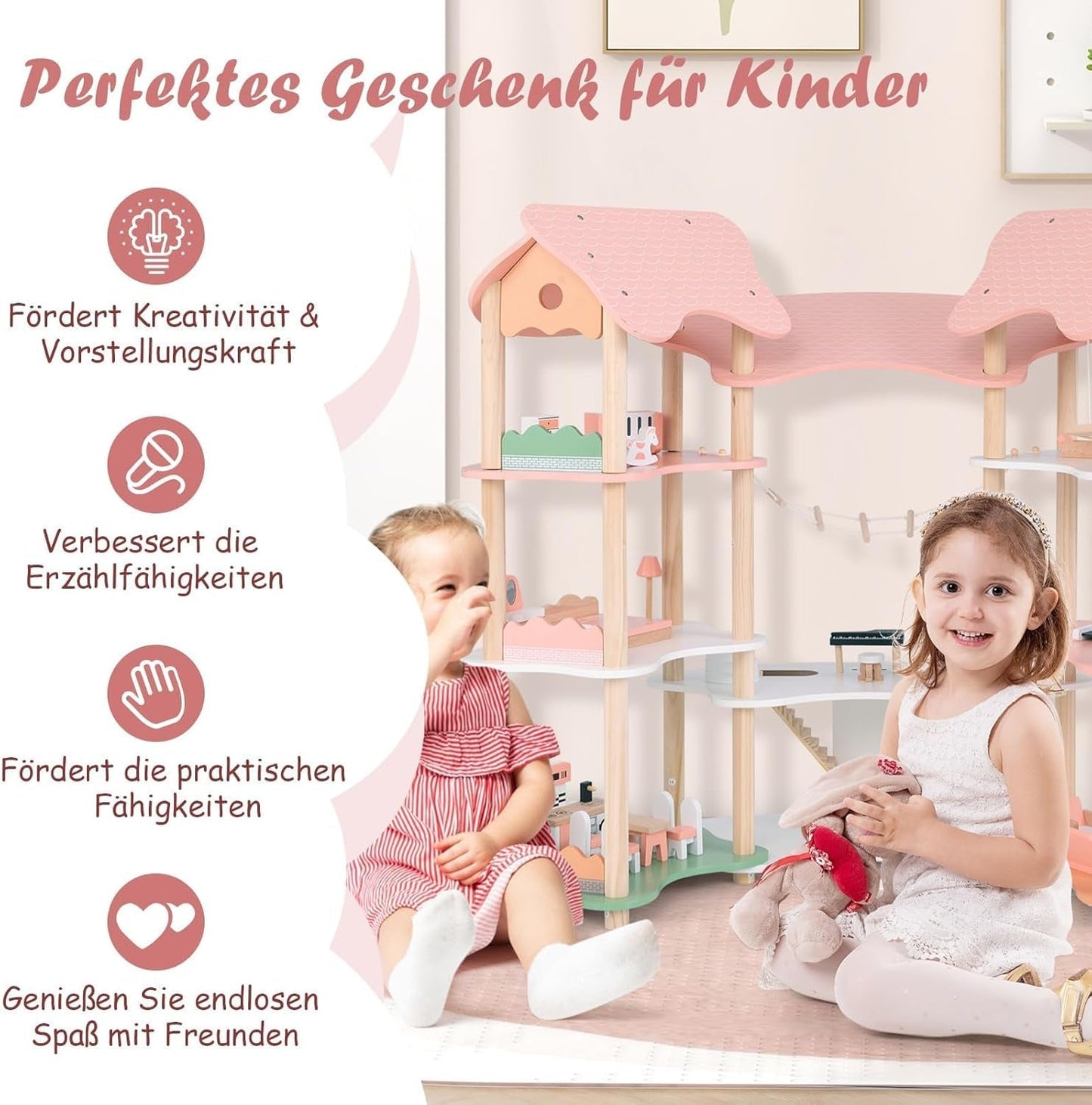 FANTASK Maison de poupée en bois, maison de poupée 7 pièces de 85 cm de hauteur avec 32 meubles et accessoires, maison de poupée avec échelle en corde, cadeau de maison de poupée pour filles de 3 ans (modèle 3) Naty Shop Dollhouses