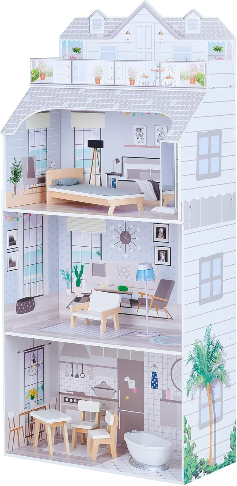 Teamson Kids Olivia's Little World Maison de poupée géante avec meubles et accessoires, maison de poupée en bois, ensemble de jeu à 3 niveaux pour poupées de 30 cm, à partir de 3 ans