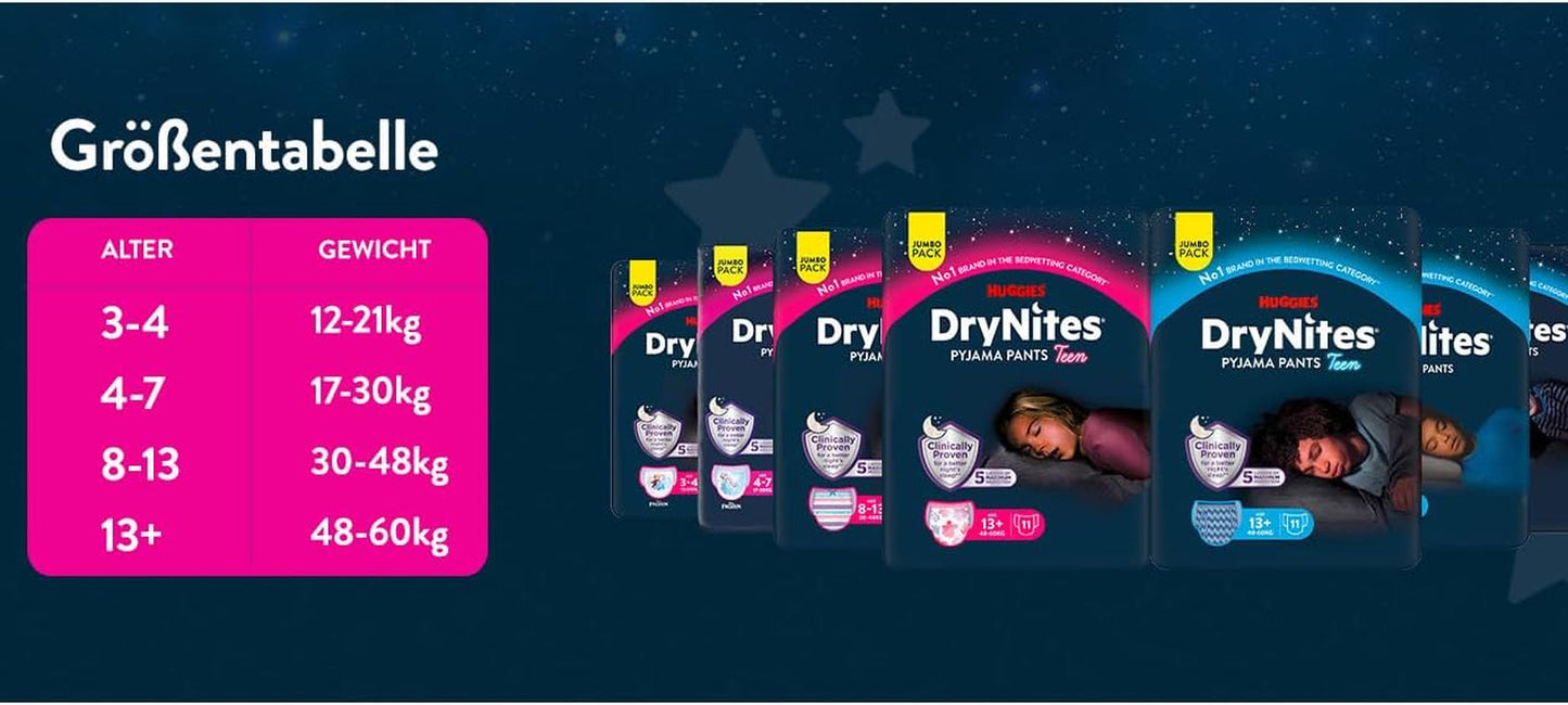 Huggies DryNites Couches pour énurésie nocturne, garçons de 13 à 17 ans environ (48-60 kg), 33 pièces (3 x 11), paquet mensuel géant, slip XL