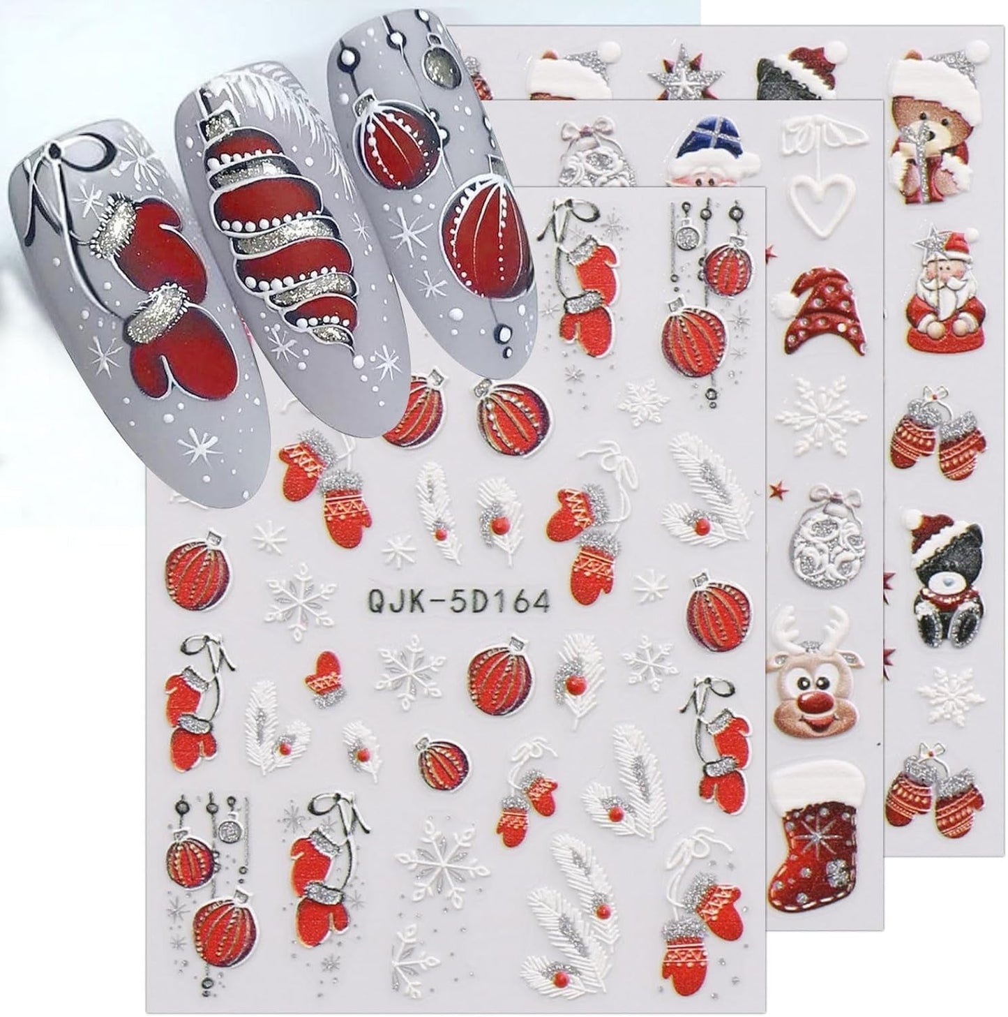 JMEOWIO 3D Nagelsticker Weihnachten Glitzer Nail Art Sticker Selbstklebend Nagelaufkleber 5D Stereoskopisch Schneeflocke Winterurlaub Suß Dekoration Nageldesign Zubehör 4 Blatt