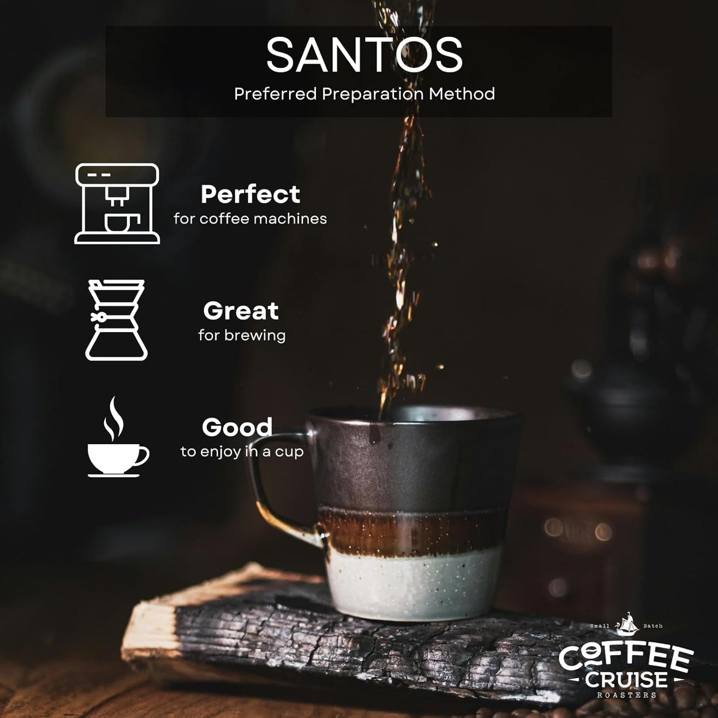 COFFEE CRUISE Santos Kaffeebohnen 1kg - Mittlere Röstung - Aroma Caramel - Pour toutes les machines à café - 100% arabe