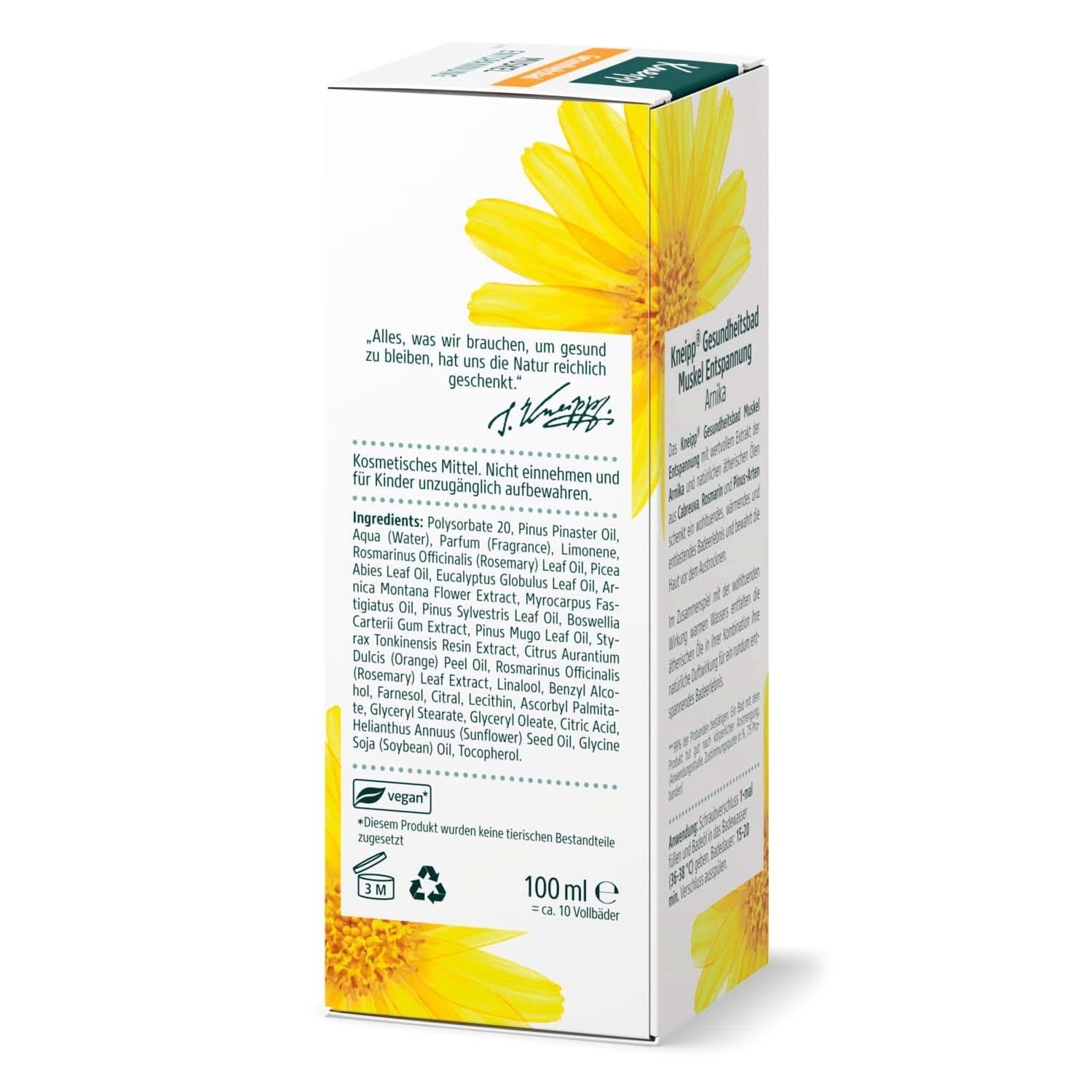 Bain Santé Kneipp, Relaxation musculaire, Huile de bain à l'extrait d'arnica et aux huiles essentielles des espèces de Cabreuva, Romarin et Pinus, revitalise et cicatrise après un effort physique, 100 ml Naty Shop