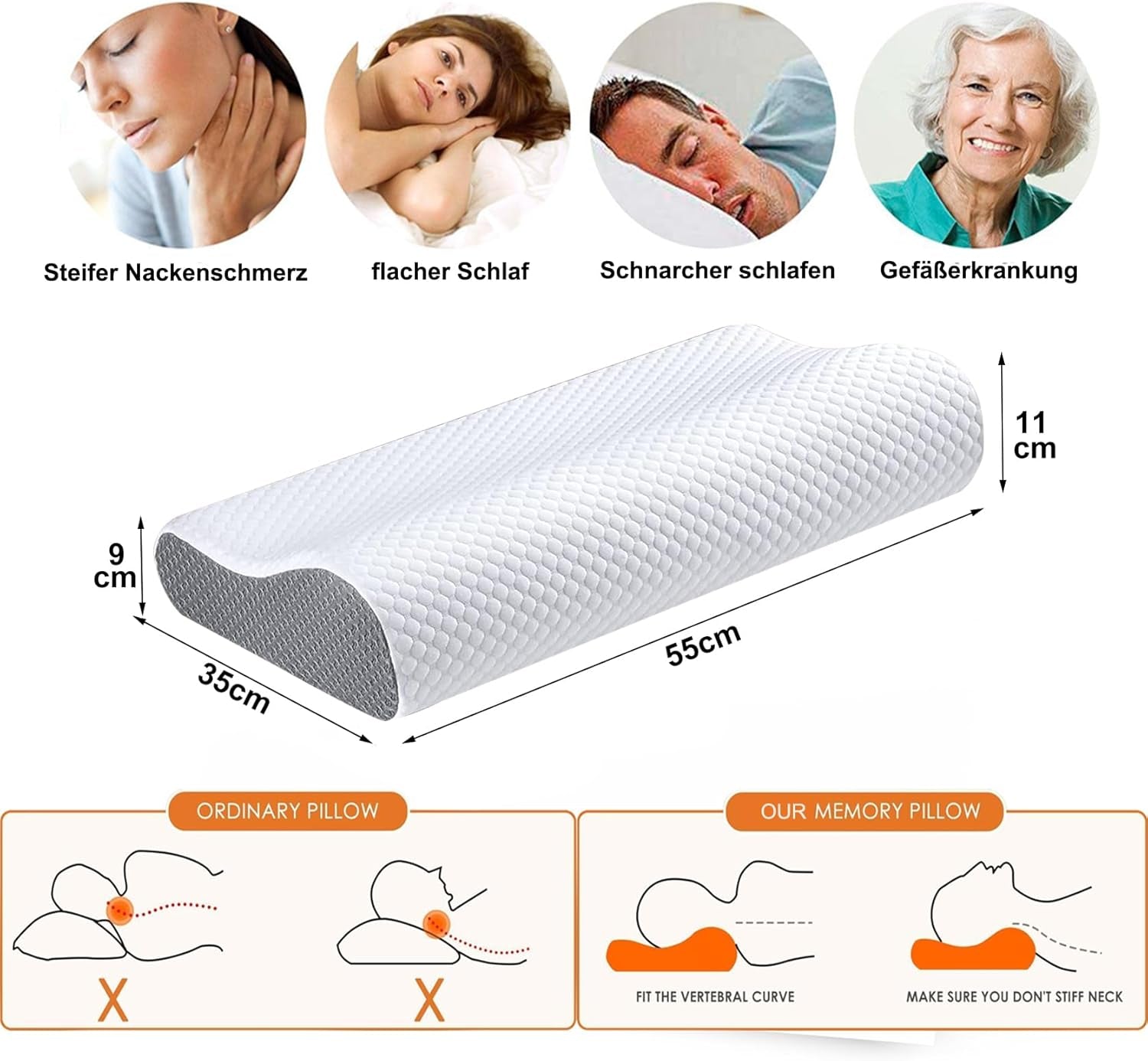 Ecosafeter Oreiller en mousse à mémoire de forme Oreiller de soutien cervical Oreiller ergonomique pour différentes positions de sommeil avec housse amovible Oreillers orthopédiques cervicaux Naty Shop
