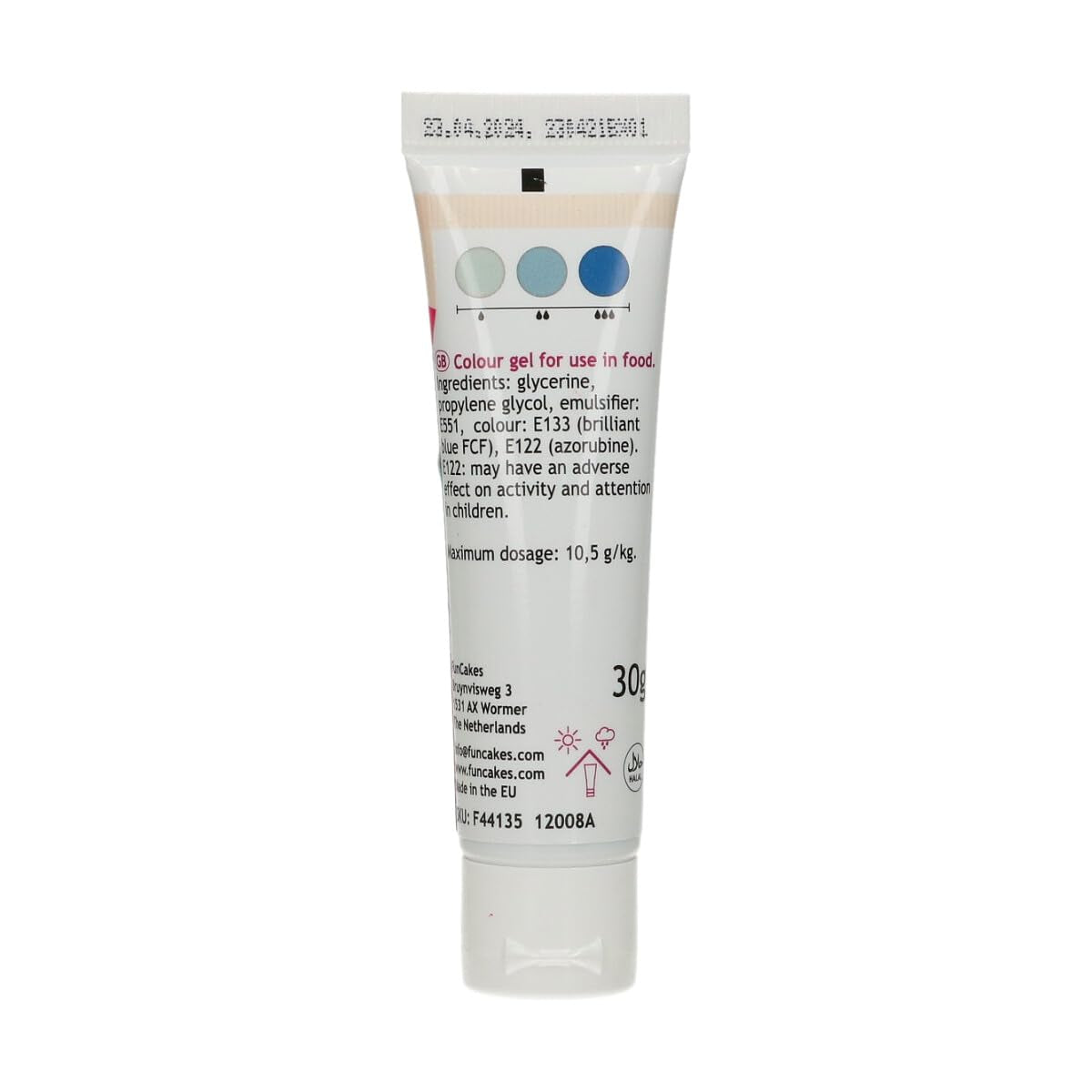 Colorant alimentaire Funcakes, gel bleu royal : Colorant alimentaire très concentré pour pâte, crème, fondant et pâte d'amande. Dosage facile. Une seule goutte pour créer des couleurs vibrantes. Halal. 30g.