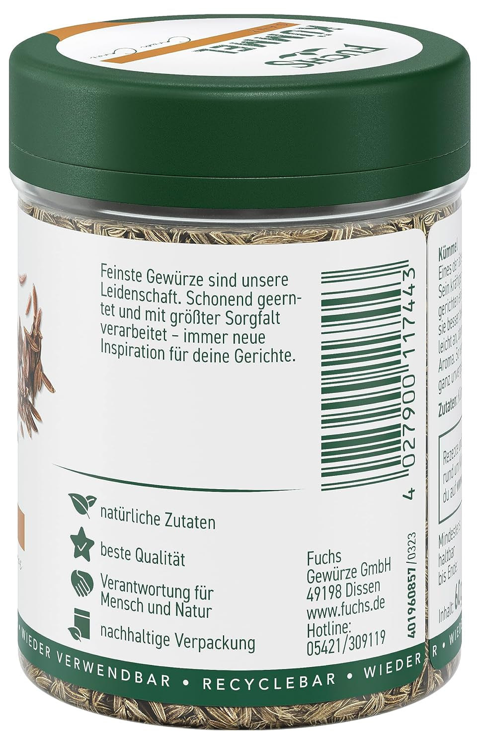Fuchs Gewürze - Kümmel ganz - kräftiges Gewürz für Kohl- und Fleischgerichte oder zu Bratkartoffeln - Ingrédient naturel - 60 g en dose variable, recyclable