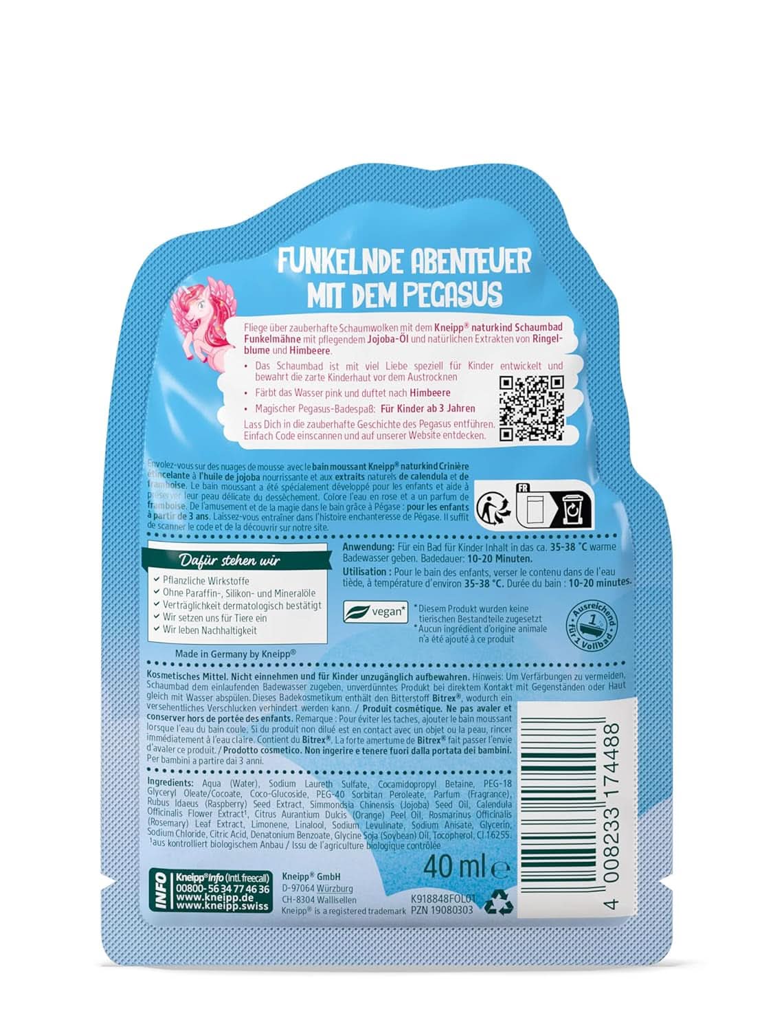 Kneipp Naturkind, additif de bain licorne pour enfants au goût de framboise et à l'huile de jojoba nourrissante, 40 ml Douche et bain Naty Shop