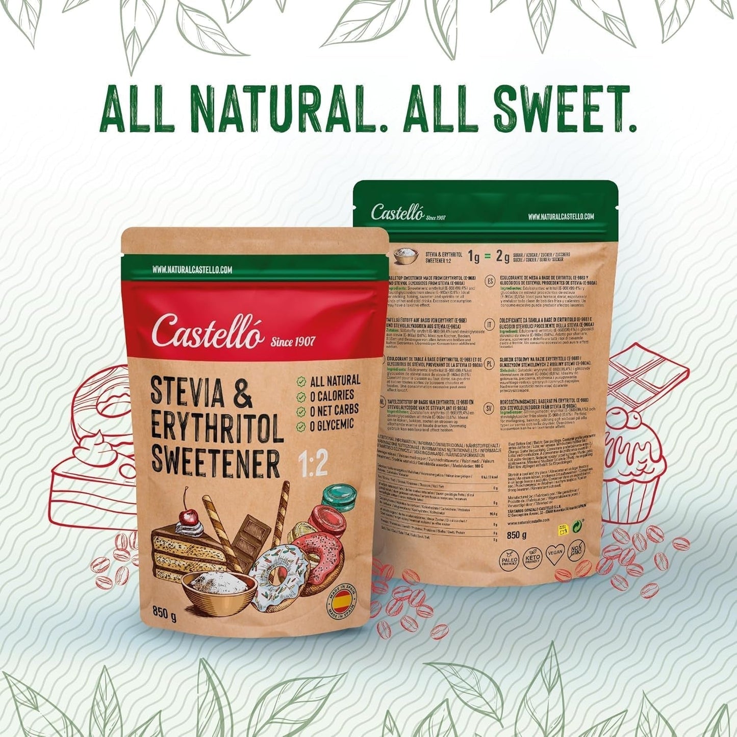Stevia + Erythritol 1:2 Tissu doux | 1G = 2G Zucker | Ingrédients 100% naturels - 0 calories - 0 indice glycémique - Keto et Paleo - 0 netto-khlenhydrate - Kein GVO - Castello depuis 1907 - 850 G Édulcorants Naty Shop