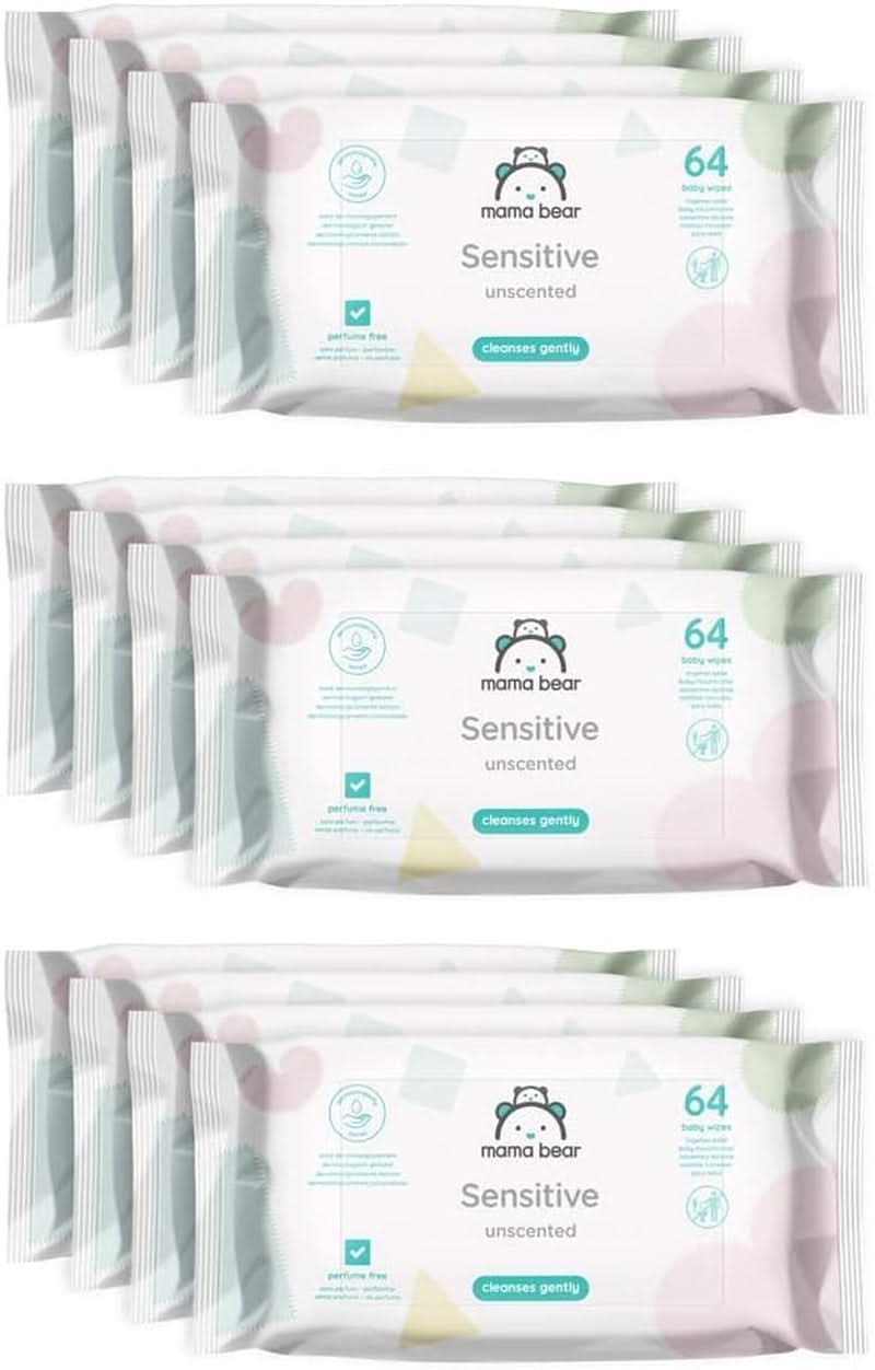 Naty Shop Mama Bear Sensitive Lingettes pour bébé non parfumées 64 unités (paquet de 12)