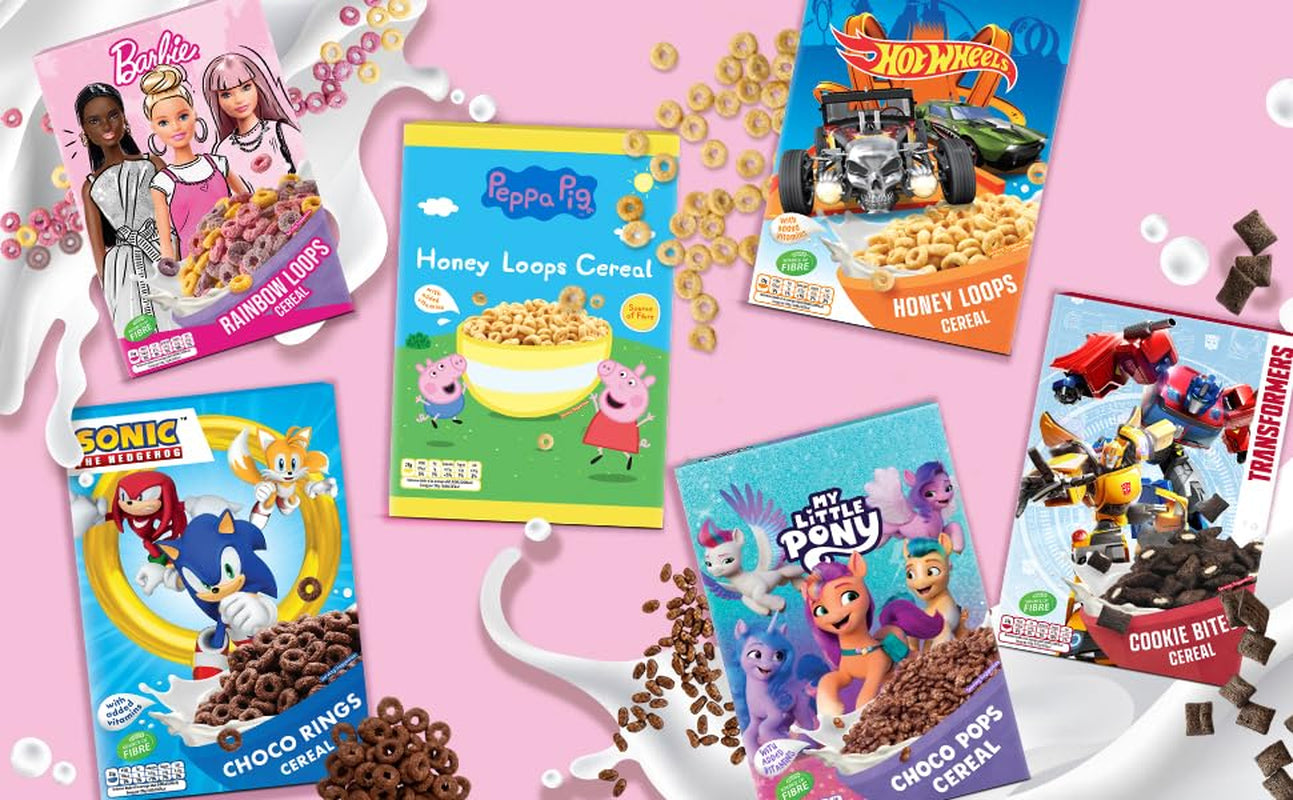 Céréales Barbie Rainbow Loops, anneaux colorés de blé, d'avoine et de maïs au goût de fruits pour un petit-déjeuner parfait, 1 paquet (1 x 350 g)