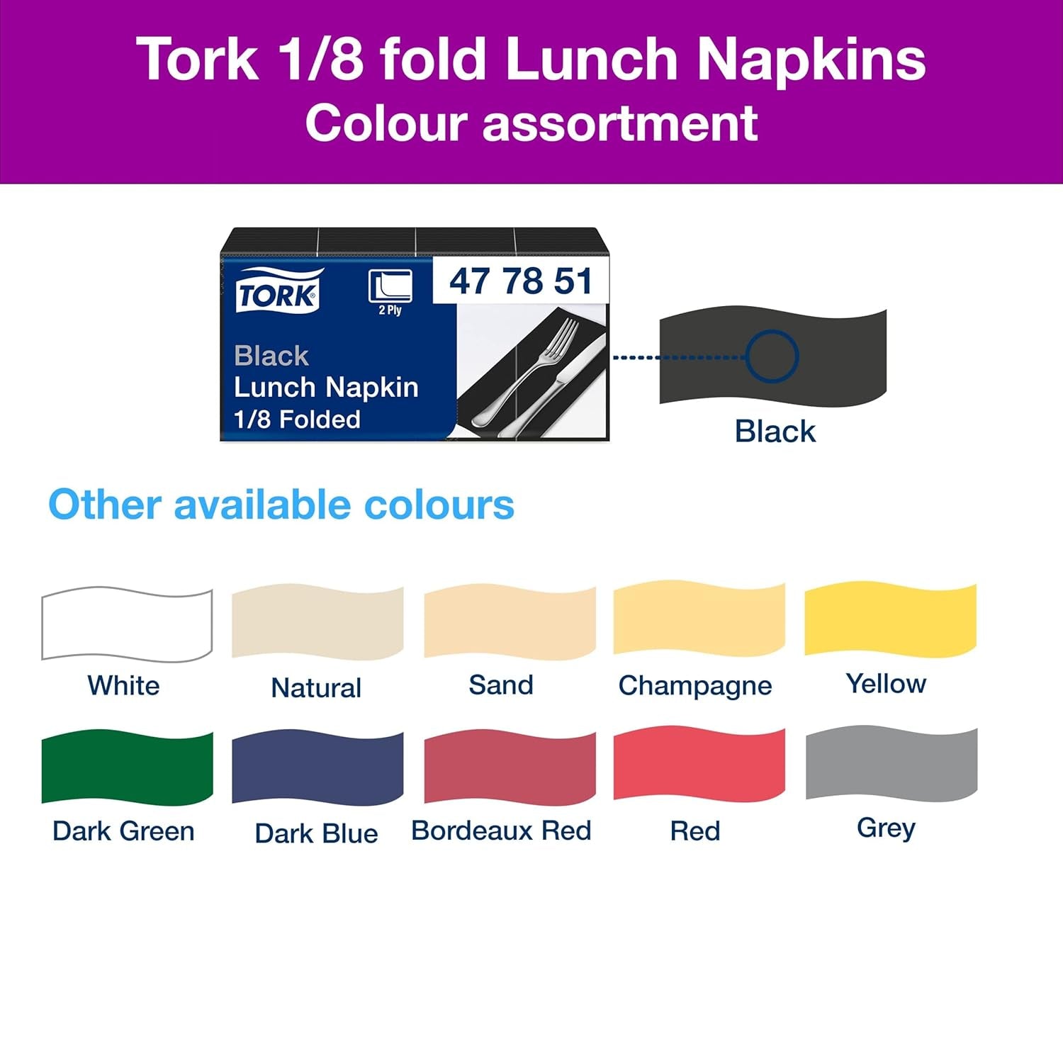 Tork 477851 Serviettes à déjeuner noires 1/8 pliées / Serviettes en papier pré-pliées 2 épaisseurs pour collations ou petits repas / Qualité avancée / 10 X 200 (2000) serviettes / 32,6 X 33 cm (L X L)