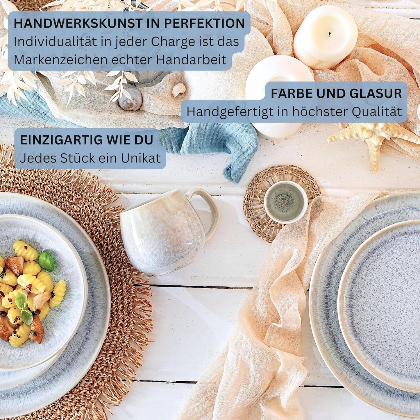 SANGER | Service de table Santorin 12 pièces Service d'assiettes pour 4 personnes TRÈS BON Service de table en grès comprenant des assiettes plates, des assiettes à dessert et des assiettes Suma Crème Lilas Bleu Dégradé | LA COLLECTION PREMIUM