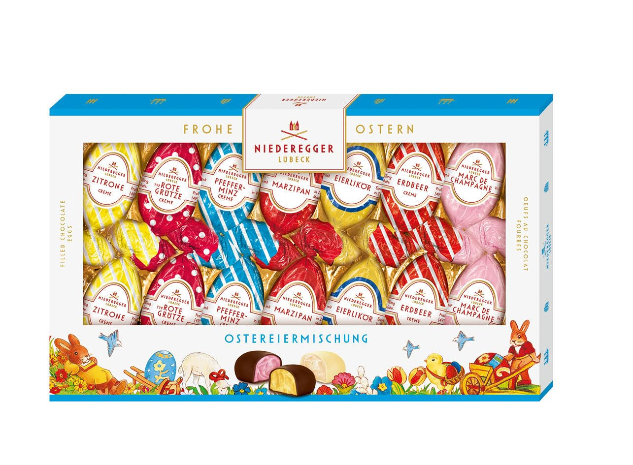 Niederegger | Mélange d’œufs de Pâques | 1x175g | Oeufs de Pâques fourrés à la pâte d'amande et au praliné | Enrobé de chocolat noir et blanc | Cadeau de Pâques