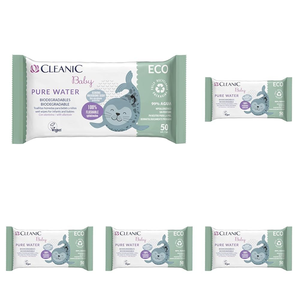Lingettes humides Cleanic Baby Eco Pure Water – (1 x 50 pcs.) Lingettes humides pour enfants et nourrissons – sans parfum, jetables dans les toilettes, peaux sensibles – 50 pcs.