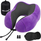 WELLGRO Ensemble d'oreillers cervicaux avec masque de sommeil 3D et bouchons d'oreilles - Housse amovible - Mousse à mémoire de forme - Fermeture à glissière - Sac de rangement inclus - Oreiller de voyage - Couleur au choix, Couleur: Gris Naty Shop Violet Oreillers cervicaux orthopédiques