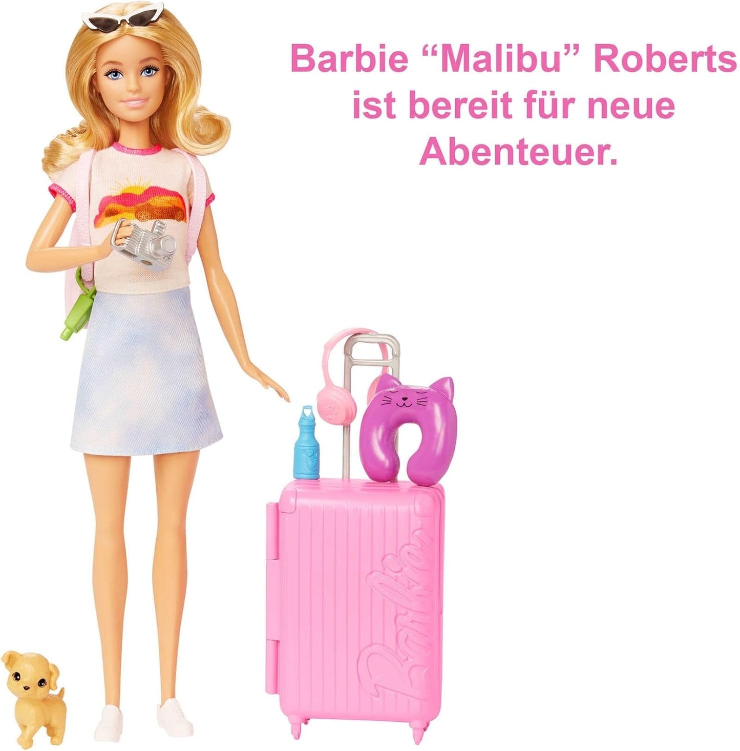 Poupée Barbie, Barbie de voyage aux cheveux blonds, plus de 10 accessoires de voyage, autocollants, valise, chiot, comprend 1 poupée, cadeau pour enfants, jouet à partir de 3 ans, HJY18
