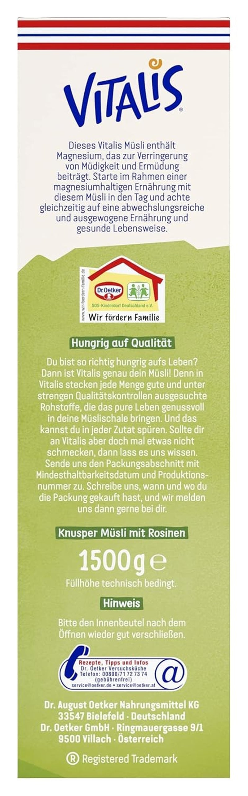 Dr. Oetker Vitalis Classic Crispy Muesli : Grand paquet de muesli croustillant pour petit-déjeuner aux raisins secs, 1 paquet, 1,5 kg
