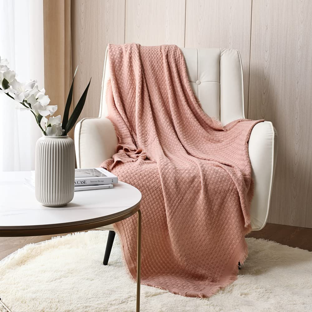 CREVENT Couverture tricotée rouille pour canapé, chaise, lit, décoration d'intérieur, douce, chaude, confortable, légère, printemps, été, automne (127,8 x 152,4 cm caramel/marron/orange brûlé) CREVENT Rose gaufré Lits et couvertures