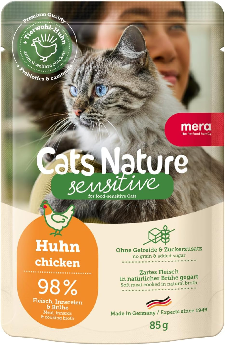 Nourriture humide pour chats MERA Cats Nature Sensitive au poulet 12x85g | Mono-protéiné, sans sucre et sans céréales | Nourriture humide à haute teneur en viande et facile à digérer pour chats