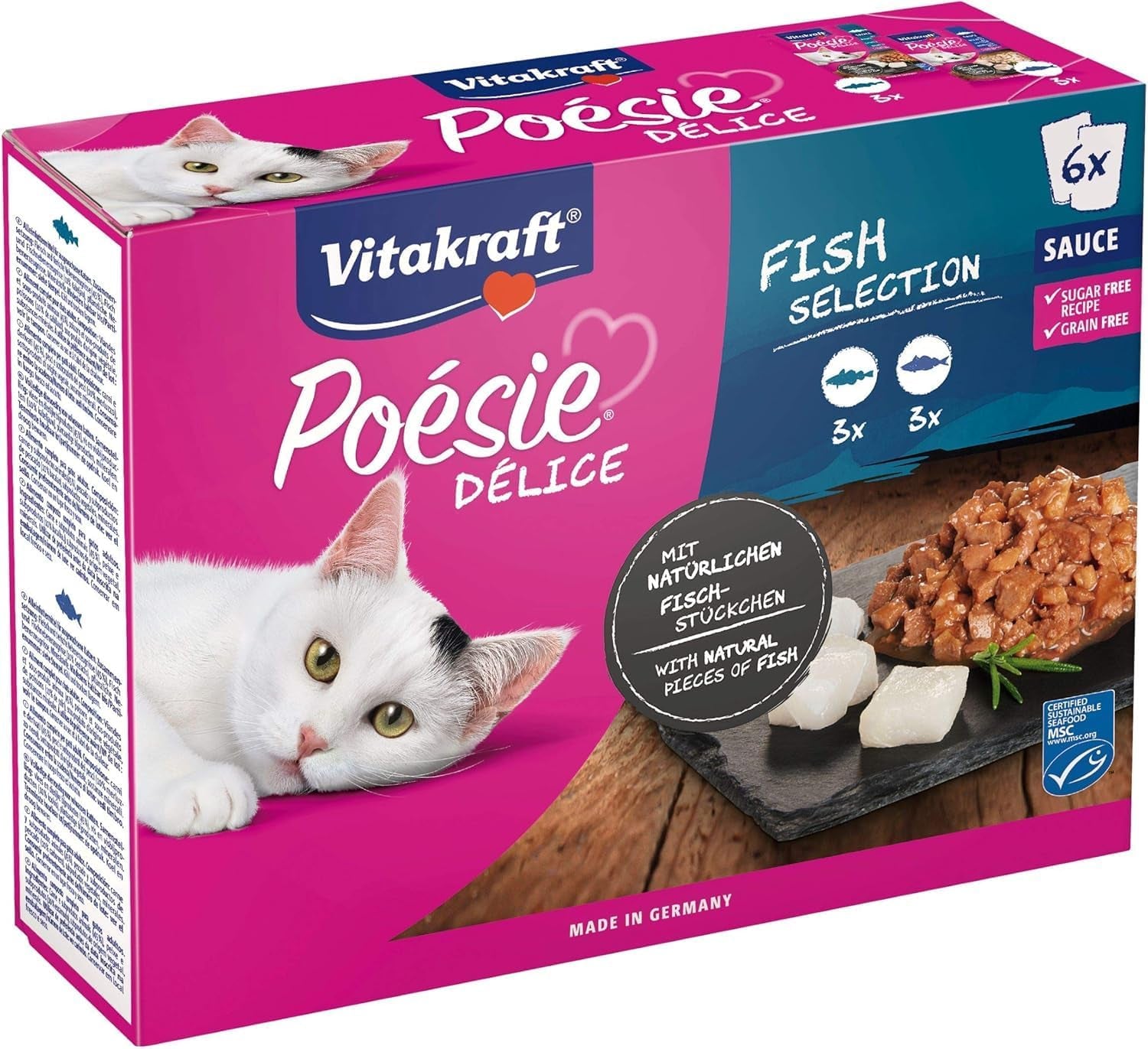 Vitakraft Poésie Délice, Sélection de Poisson, Nassfutter Katze, Katzennassfutter en Sauce, avec Seelachs, mit Kabeljau, ohne Zusatz von Zucker und Getreide (1 paquet avec 6x 85g)
