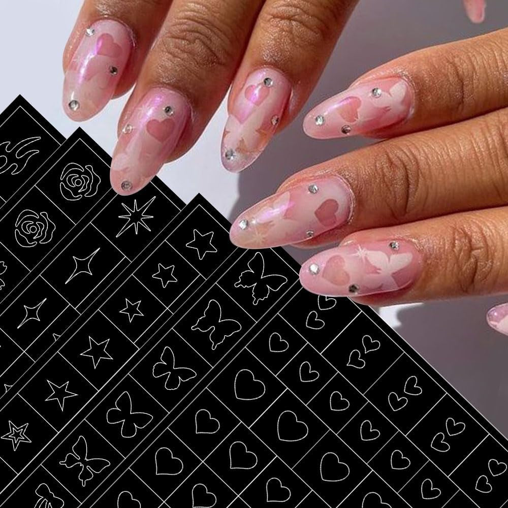 6 feuilles d'autocollants pour ongles de modèle d'aérographe, autocollants d'ongles d'étoiles de flamme de papillon, d'autocollants d'impression d'outil de pochoir d'art d'ongle autocollants auto-adhésifs pour les femmes autocollants de conception d'art d'ongle