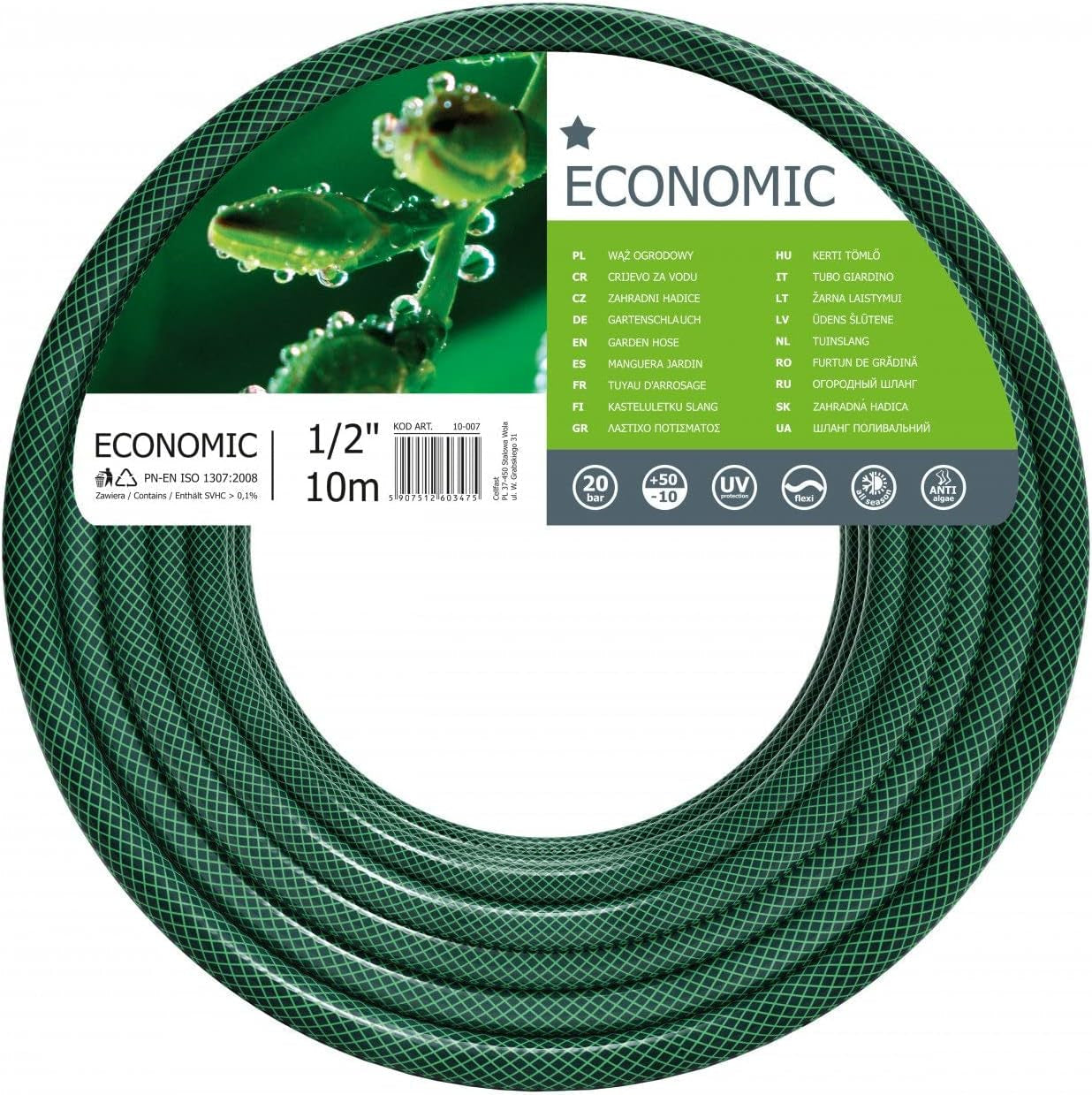 CELLFAST Tuyau d'arrosage 3 couches en polyester à tissage croisé pour jardin, tuyau d'irrigation flexible, résistant aux UV, anti-algues, 2 bars, 1/2", 10 mètres, économique