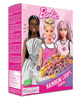 Céréales Barbie Rainbow Loops, anneaux colorés de blé, d'avoine et de maïs au goût de fruits pour un petit-déjeuner parfait, 1 paquet (1 x 350 g)