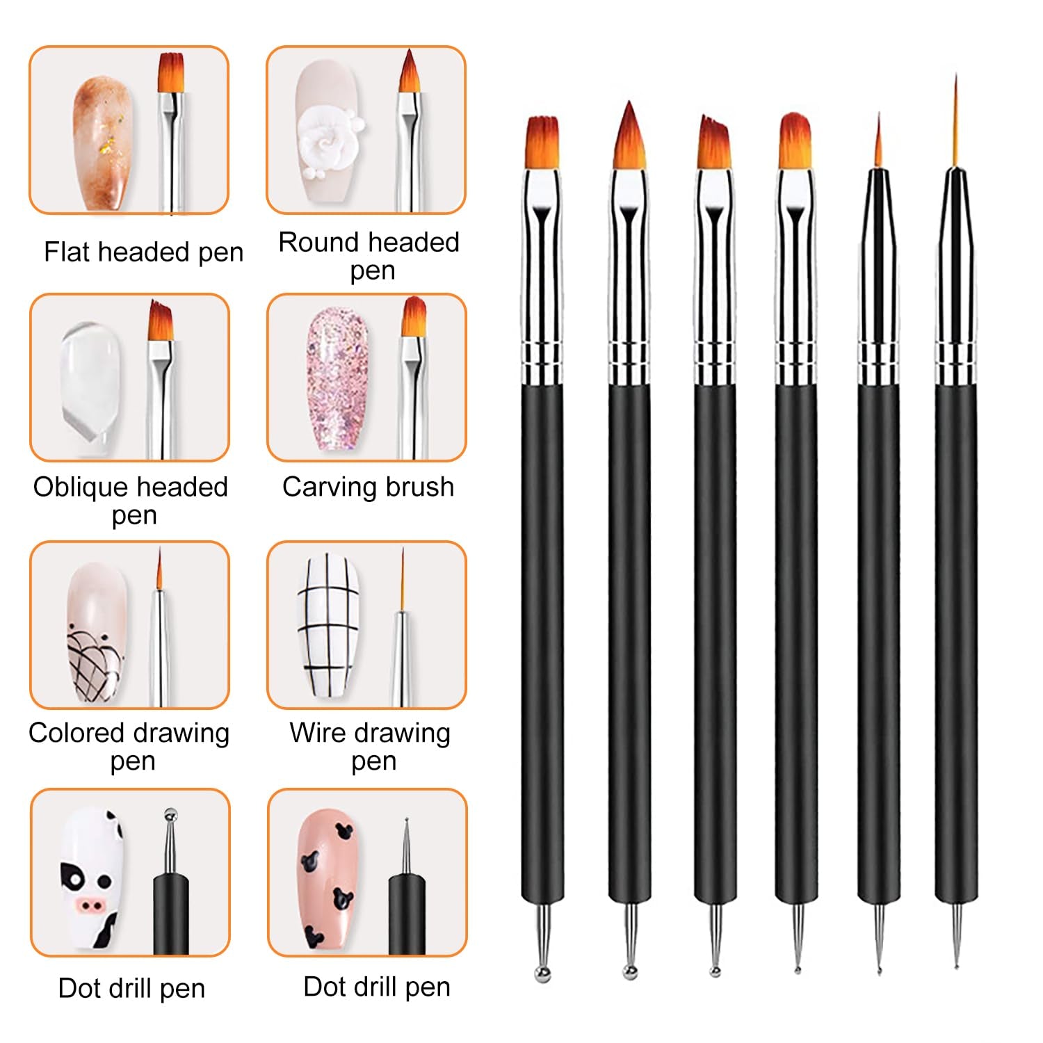 6 pièces Double-Ende Nagel Pinsel, Nageldesign Pinsel, Double-Ende Nail Art Pinsel Kit Professionnel Maniküre Werkzeuge Kit (Noir)
