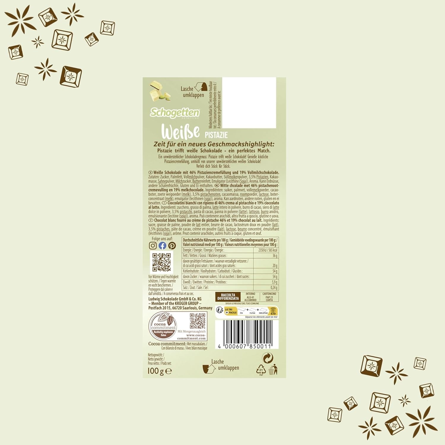 Schogetten Pistache Blanche | Chocolat blanc fourré à la crème de pistache | 100g | Idéalement portionné (paquet de 3)