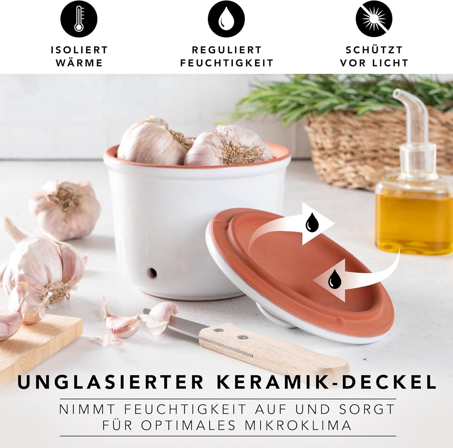 Römertopf Fresh Pot MINI 0,6 litres - Pot à ail en céramique - L'argile respirante garde les légumes frais plus longtemps - Circulation d'air idéale - Boîtes de conservation blanches Naty Shop