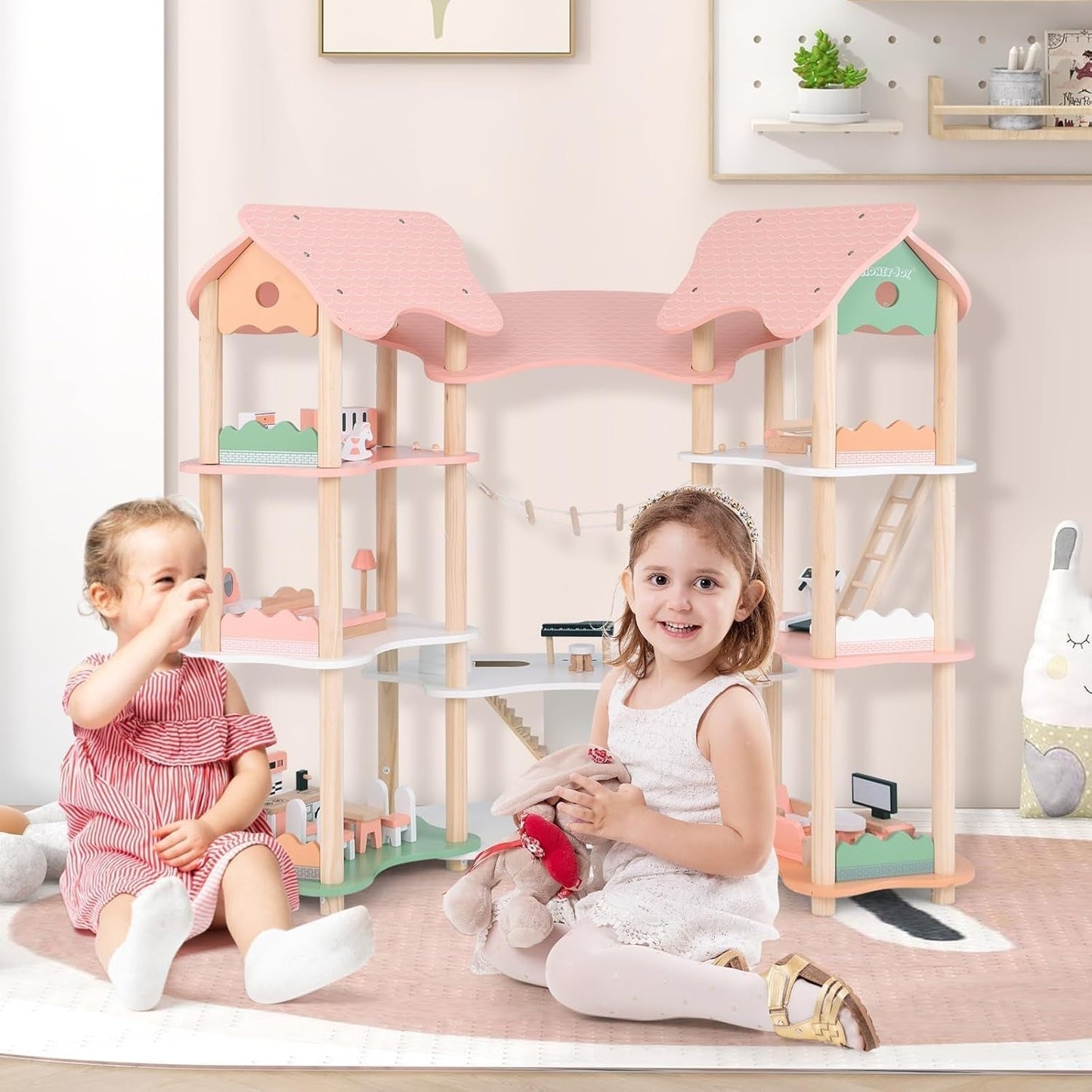 FANTASK Maison de poupée en bois, maison de poupée 7 pièces de 85 cm de hauteur avec 32 meubles et accessoires, maison de poupée avec échelle en corde, cadeau de maison de poupée pour filles de 3 ans (modèle 3) Naty Shop Dollhouses