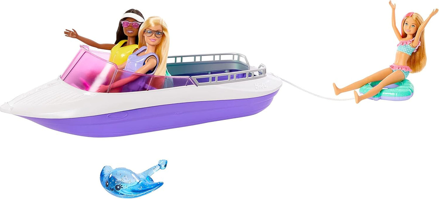 Barbie HHG60 - Bateau à moteur sirène avec 2 poupées (blonde/brune) et divers accessoires, jouet pour enfants à partir de 3 ans