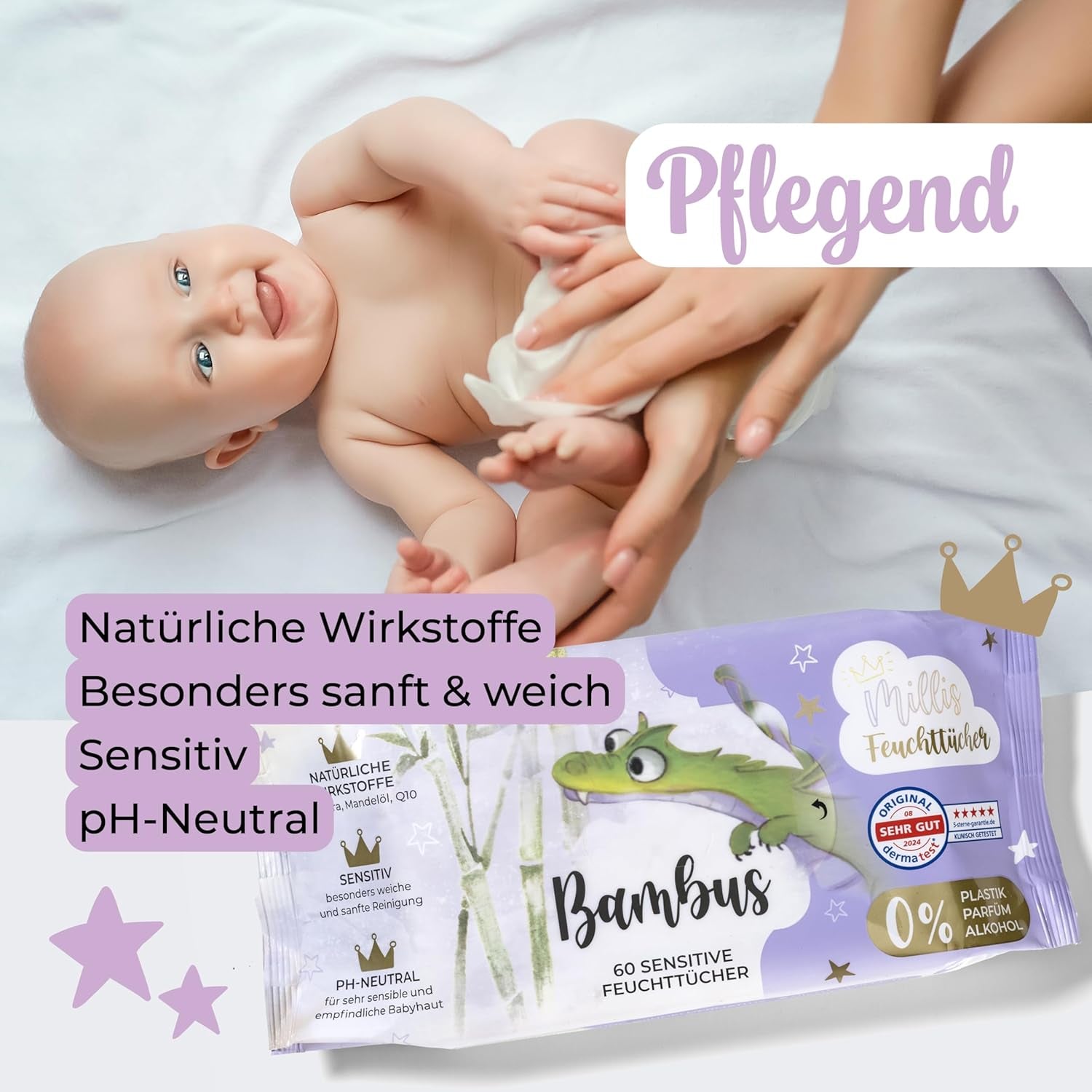 Lingettes humides Millis Bamboo Baby Sensitive pour peau délicate de bébé - 5 x 60 pièces - Nettoyage naturel, doux et durable - Lingettes bébé biodégradables, sans plastique et sans alcool