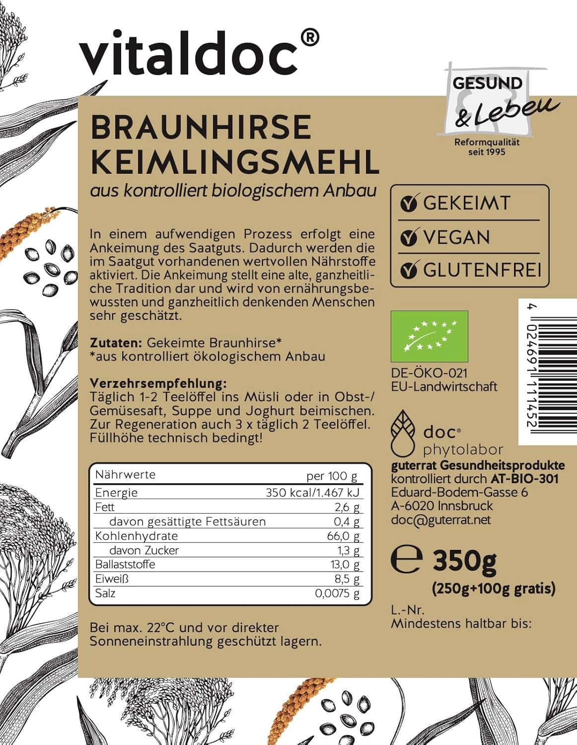 vitaldoc© | Millet brun bio fraîchement germé 250g + 100g | Aliments crus | Sans gluten | Végétalien | Biologique | Riche en silicium naturel | Qualité