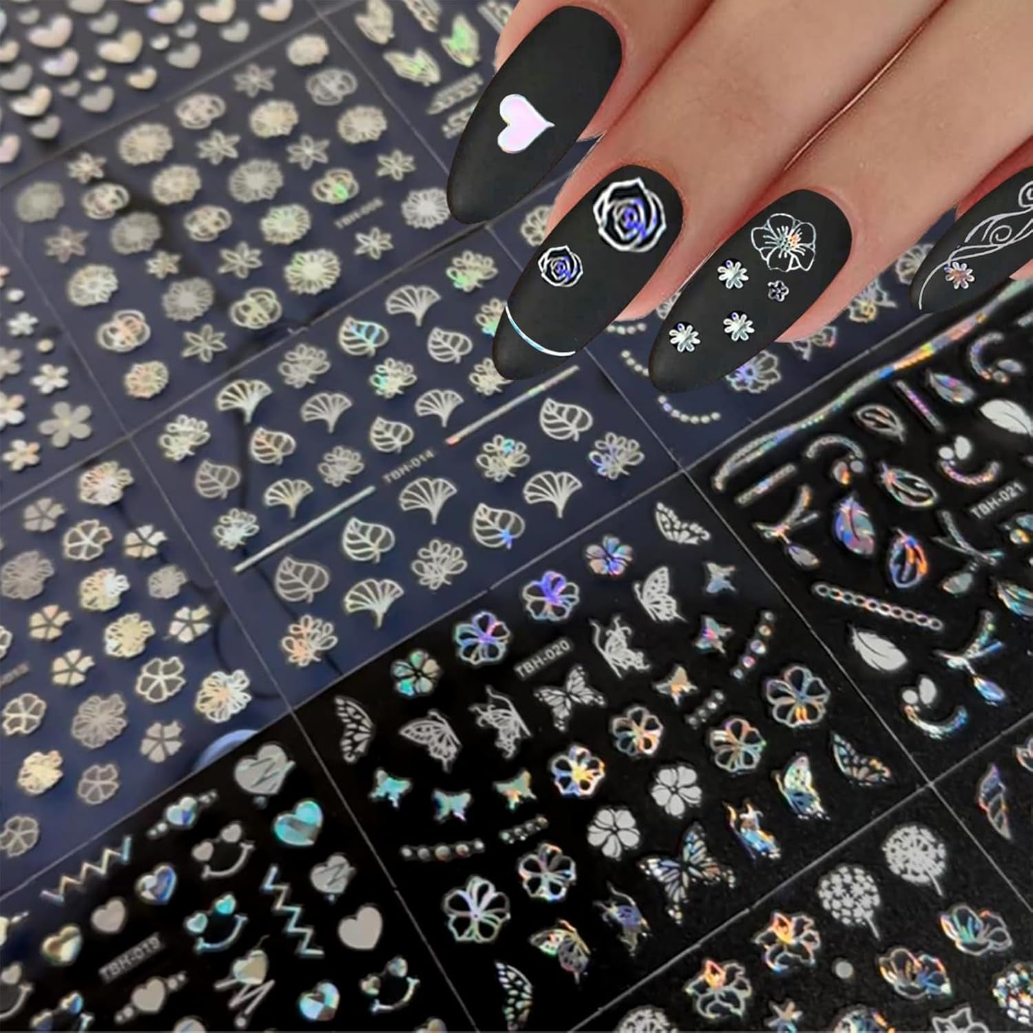 30 Blatt Aurora-Nagelkunst-Aufkleber, Selbstklebende 3D-Blumen-Nagelaufkleber, Aurora-Mond-Stern-Nagelaufkleber pour l'art de l'artisanat, Blatt-Herz-Nageldesign pour DIY-Acrylnägel-Dekoration