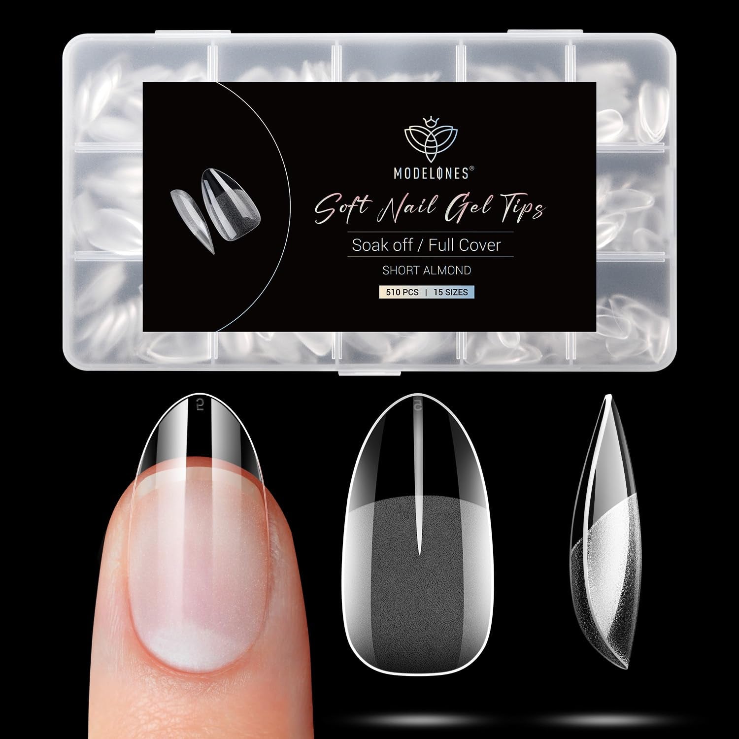 Modelones Nail Tips 510 pièces – Ensemble de pointes d'ongles à couverture complète, ensemble de pointes en gel, pointes d'ongles en résine PMMA pré-polonées, ongles artificiels à coller sur Nail Art DIY, Squoval court