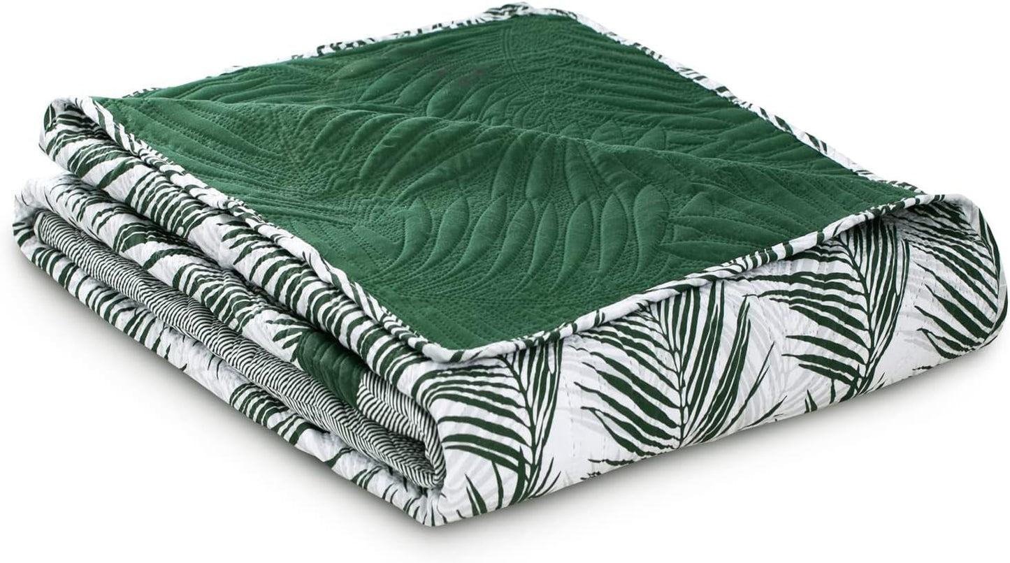 Ameliahome Couvre-lit Couvre-lit 170X210 Cm Double Face Facile d'entretien Couvre-lit Motif Plante Vert Blanc Tropical Bonaire Lits et Couvertures Besuche den AmeliaHome-Store