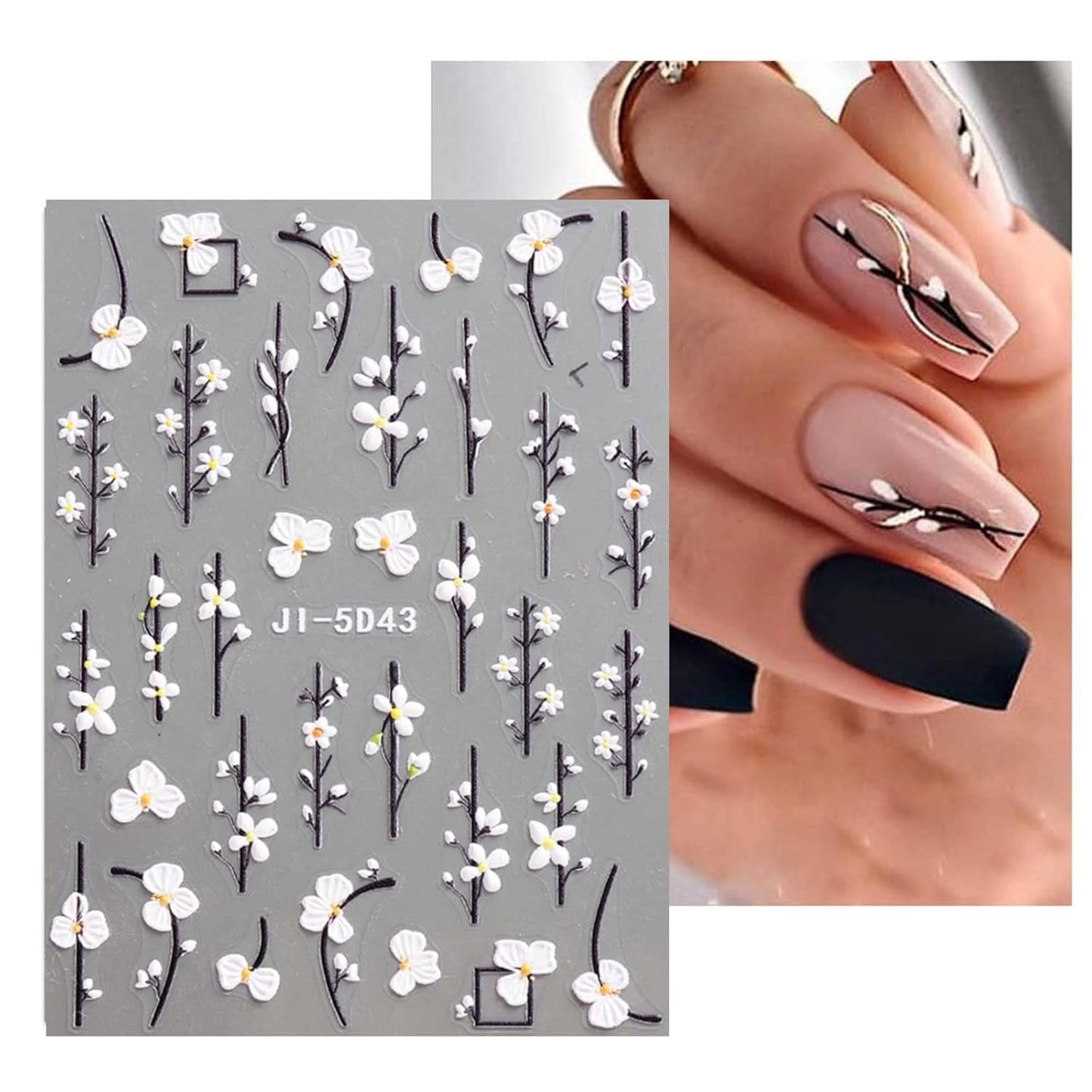 JMEOWIO Autocollants de manucure 3D pour ongles, fleurs, autocollants pour nail art, autocollants auto-adhésifs, bandes stéréoscopiques 5D, décoration de fleurs d'été, design de manucure, 4 feuilles