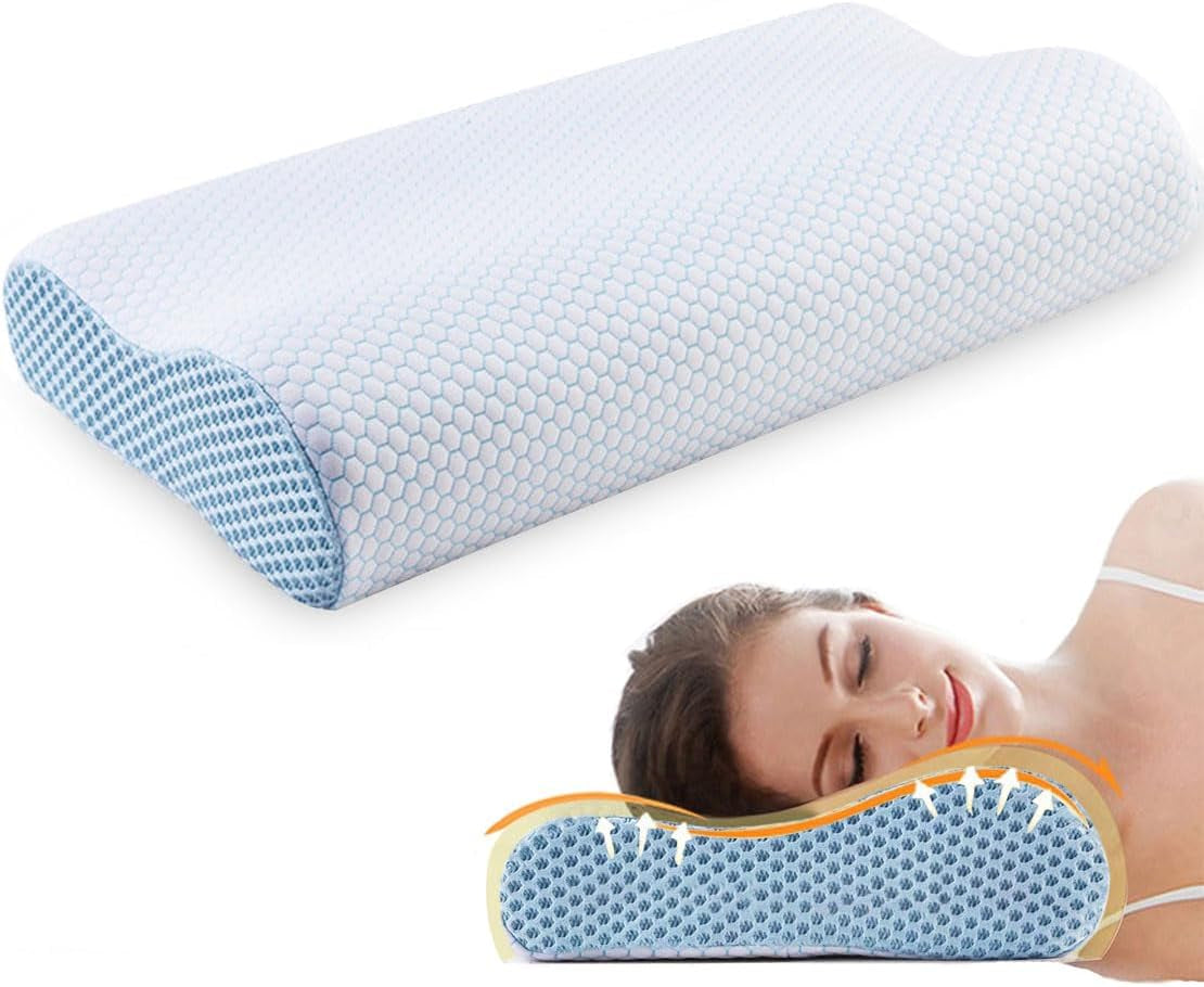 Oreiller en mousse à mémoire de forme, oreiller de soutien du cou, oreiller ergonomique pour différentes positions de sommeil avec housse amovible, oreillers orthopédiques cervicaux Naty Shop Bleu et blanc