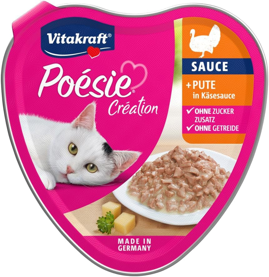 Vitakraft Poésie Création, nourriture humide pour chat, nourriture humide pour chat en sauce, avec dinde en sauce au fromage, multipack, sans sucre ni céréales ajoutés (15 x 85g)