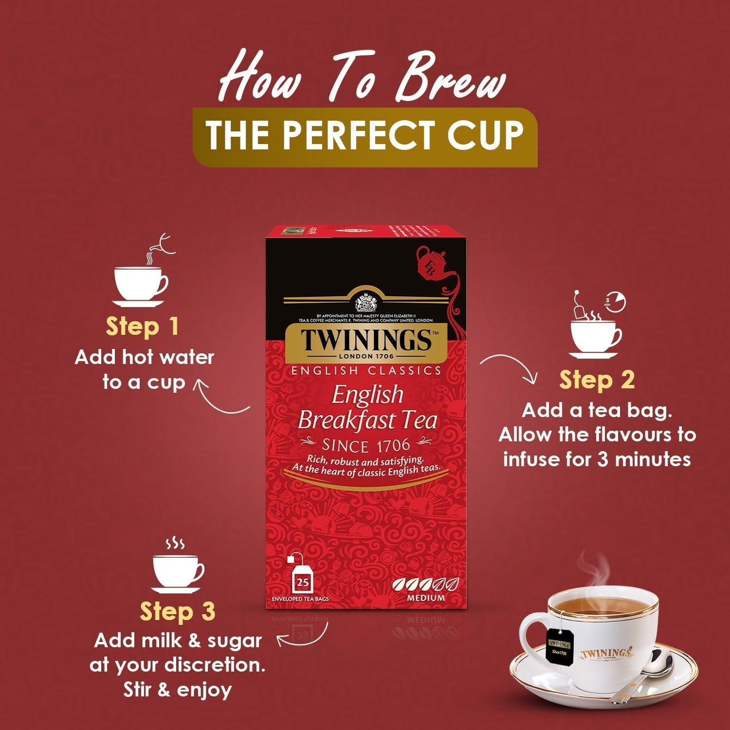 Thé Noir Twinings English Breakfast 50 g, 25 sachets de thé, thé noir ample, rond et fort issu des meilleures plantations de thé du Sri Lanka et d'Inde. Thé noir Paquet de 1 (1 x 50 g)