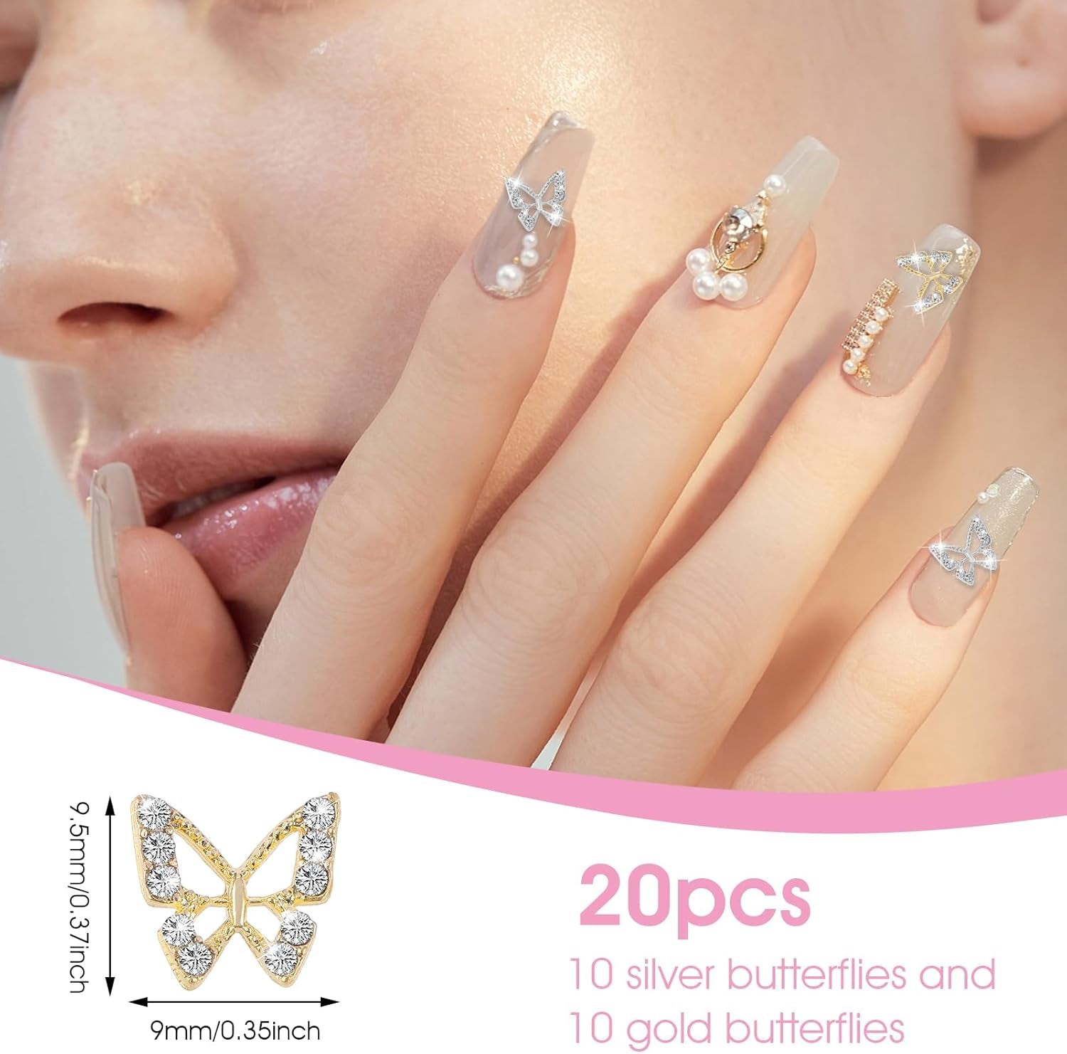 20pcs Charms à Ongles Papillon Paillettes, Strass Nail Art, Pierres à Ongles, Nail Art Papillon, Strass, Breloques à Ongles de la Saint-Valentin, Décoration de Étui de Téléphone Portable DIY