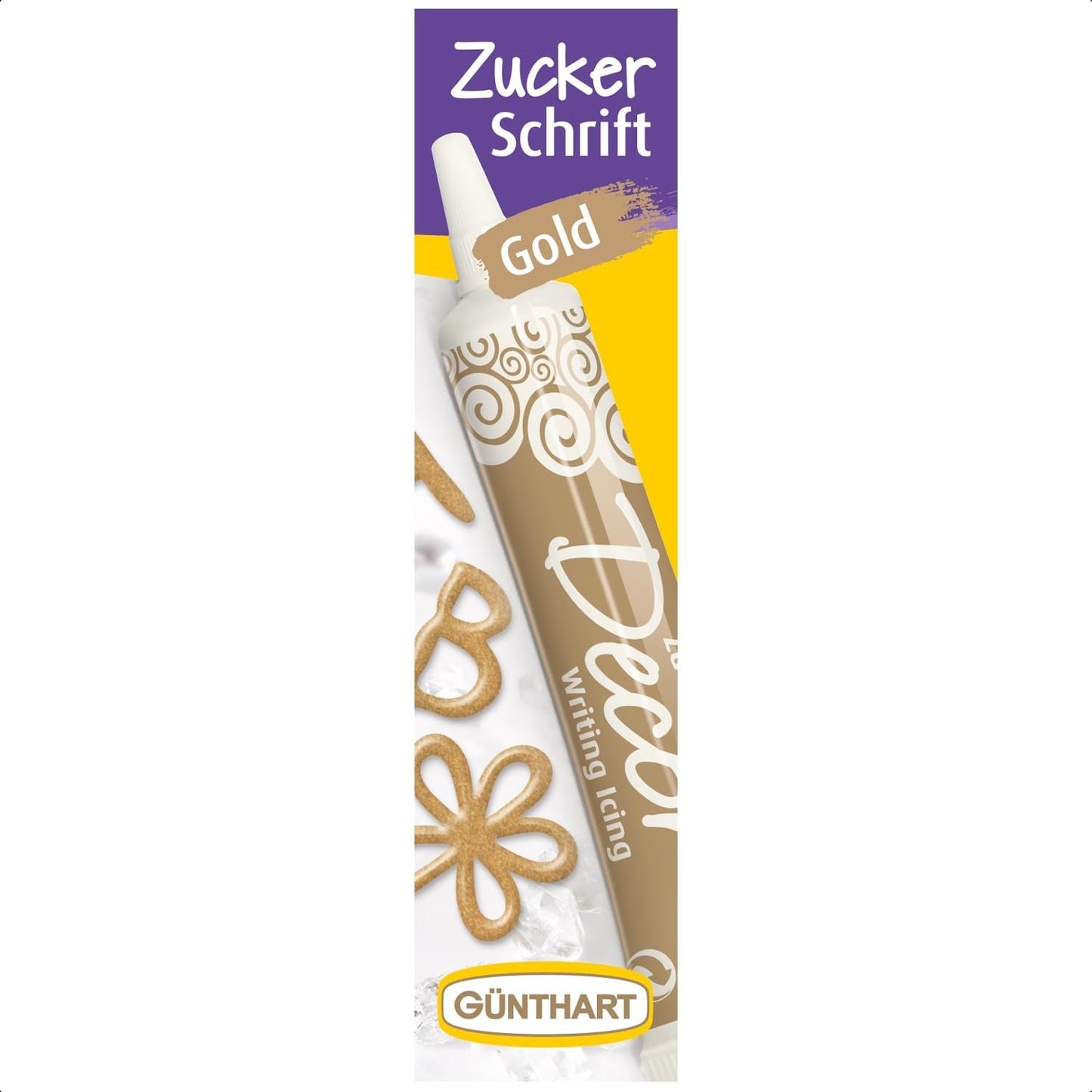 Günthart Backdecor 25 g Sucre avec lettres OR Pour tous les desserts de couleur dorée En sucre pour de belles lettres et motifs, 1 paquet (25 g)