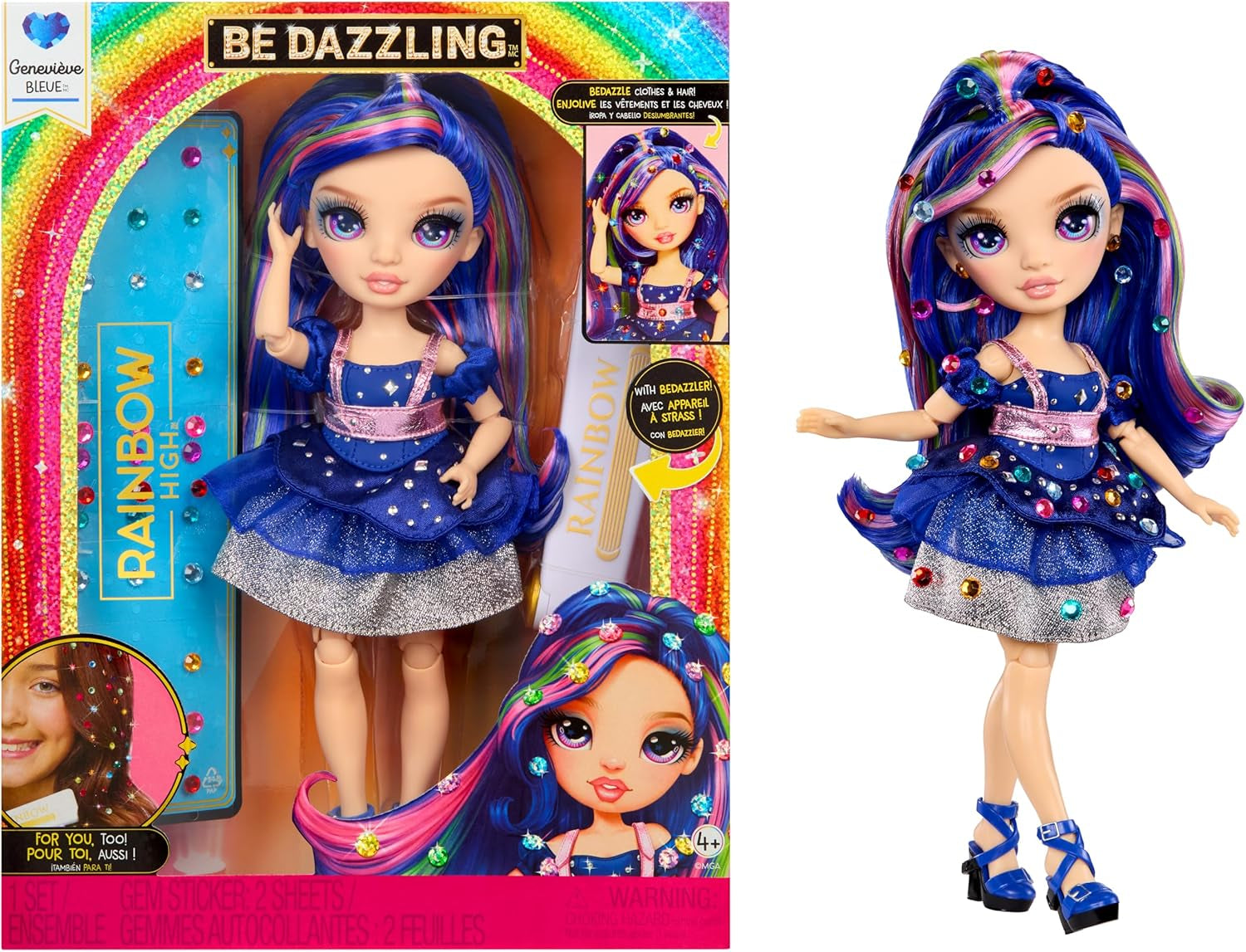 Rainbow High Be Dazzling - Genevieve Bleue - Poupée mannequin bleue de 28 cm avec outil d'embellissement, pierres précieuses scintillantes et accessoires de coiffure