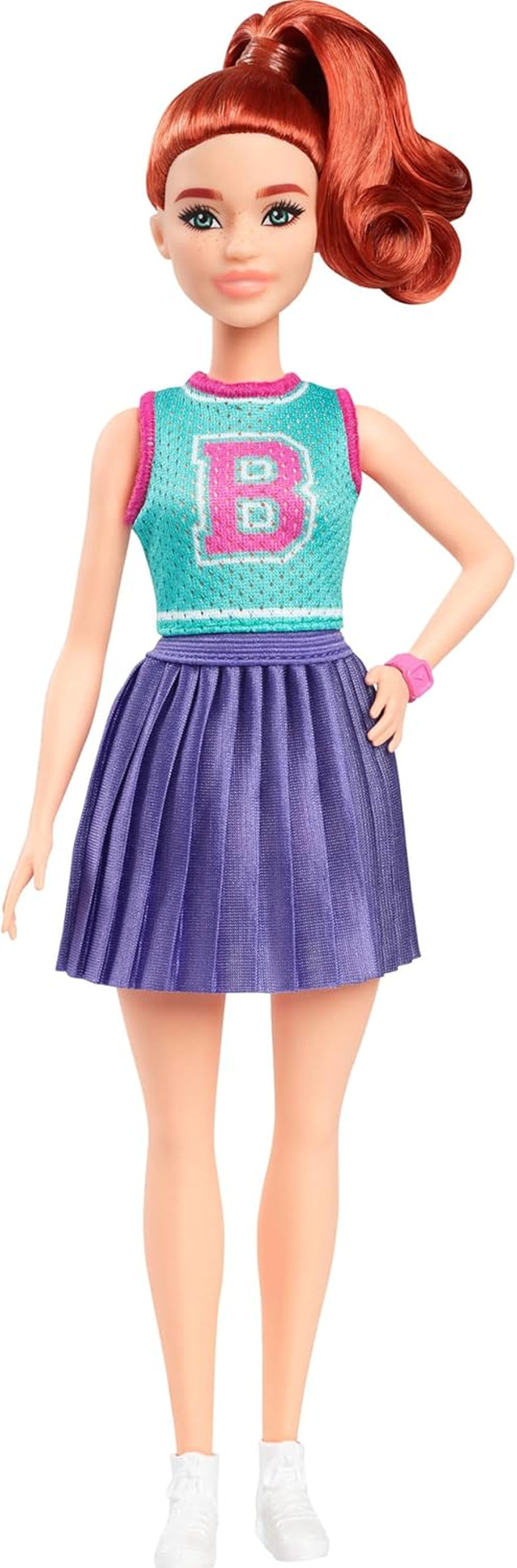 Poupée Barbie Fashionistas no. 232 avec cheveux roux, haut de sport en jersey imprimé B, jupe plissée violette, montre-bracelet et baskets, HYT90 Naty Shop Dolls Default Title