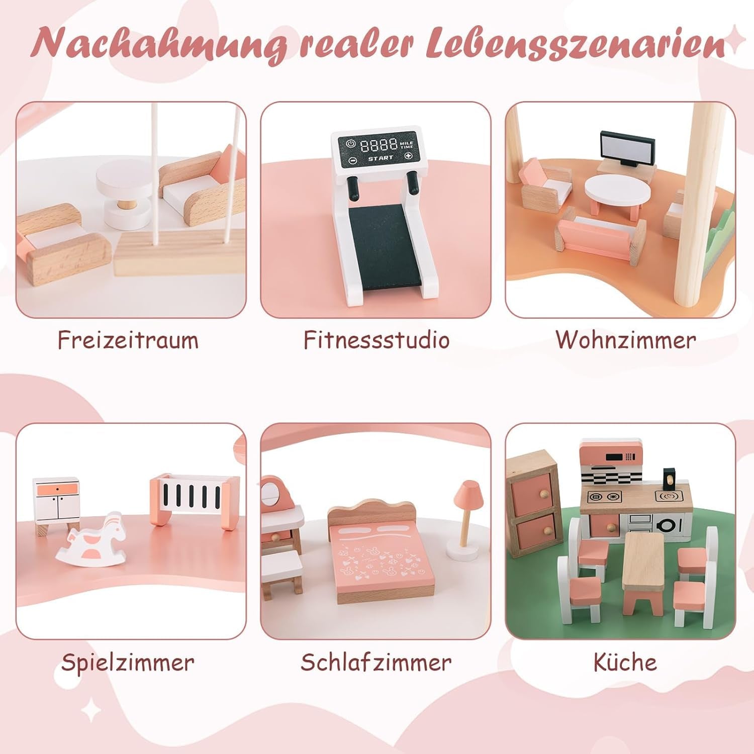 FANTASK Maison de poupée en bois, maison de poupée 7 pièces de 85 cm de hauteur avec 32 meubles et accessoires, maison de poupée avec échelle en corde, cadeau de maison de poupée pour filles de 3 ans (modèle 3) Naty Shop Dollhouses