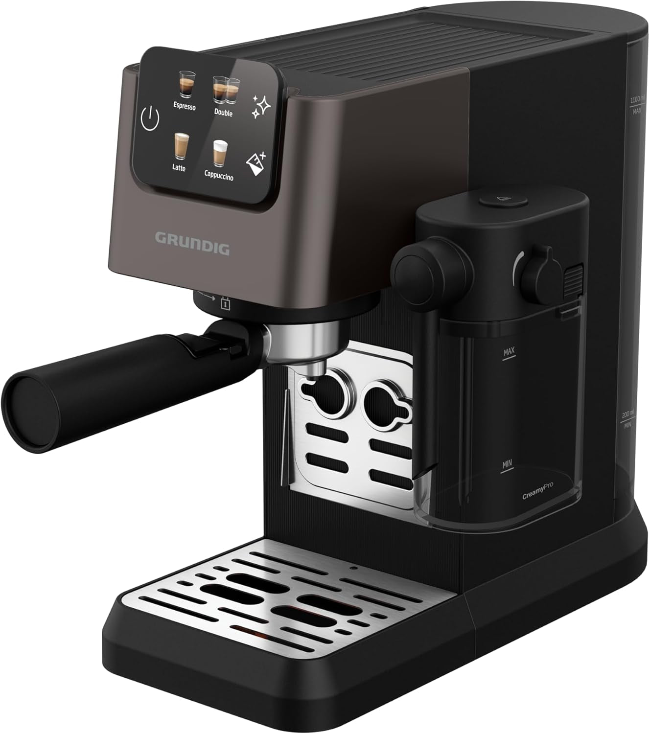 Machine à expresso porte-filtre GRUNDIG KSM 5330 avec réservoir à lait intégré, puissance 1628 W, pression de pompe 15 bar, double buse, écran tactile couleur, BrewSense, CreamyPro, acier inoxydable foncé/noir