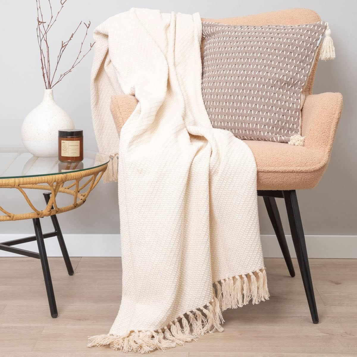HOMLA Morris Plaid Couverture à franges en coton - Couverture douce et confortable Couverture en coton - tissu fin 130 X 170 Cm Ecru Lits et Couvertures Besuche den HOMLA-Store