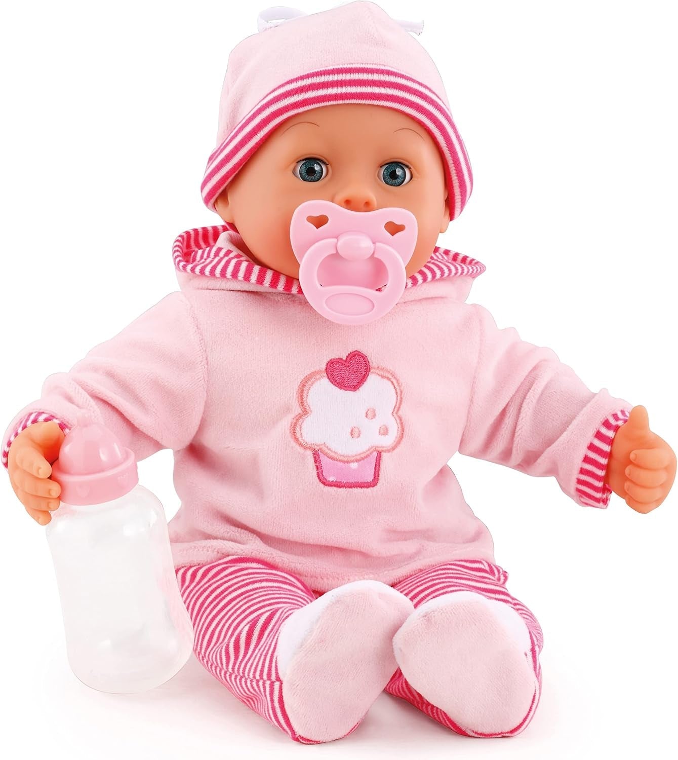 Babypuppe First Words mit Schlafaugen, spricht 24 Babylaute, mit Schnuller et Flasche, 38 cm, Rosa/Streifen